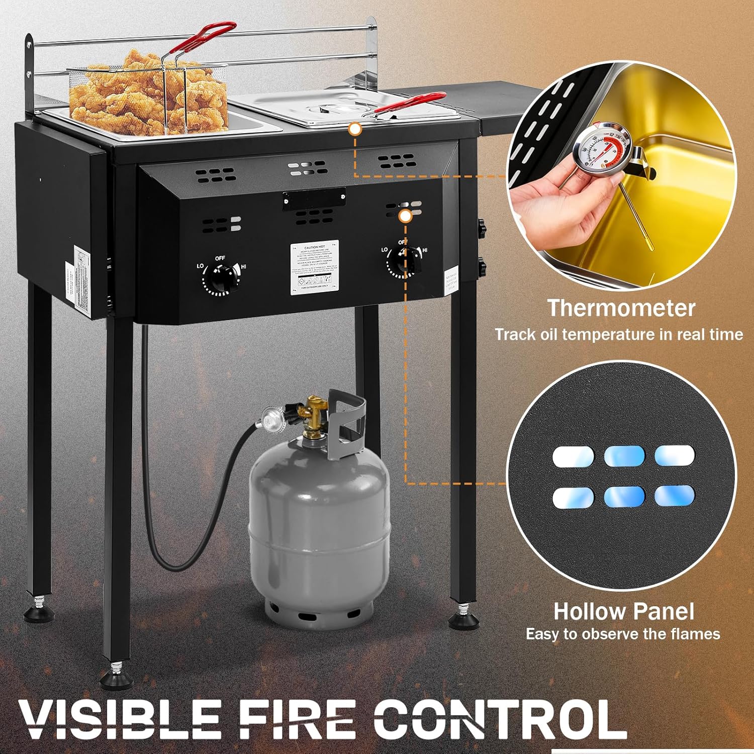 Outvita Outdoor Propane Deep Fryer, Double Burners Commercial Fryer, 16 Qt Cooker with Removable Baskets & Lids & Tanks, Oil Fryer Cart with Thermometer & Foldable Side Tables for Outdoor Cooking