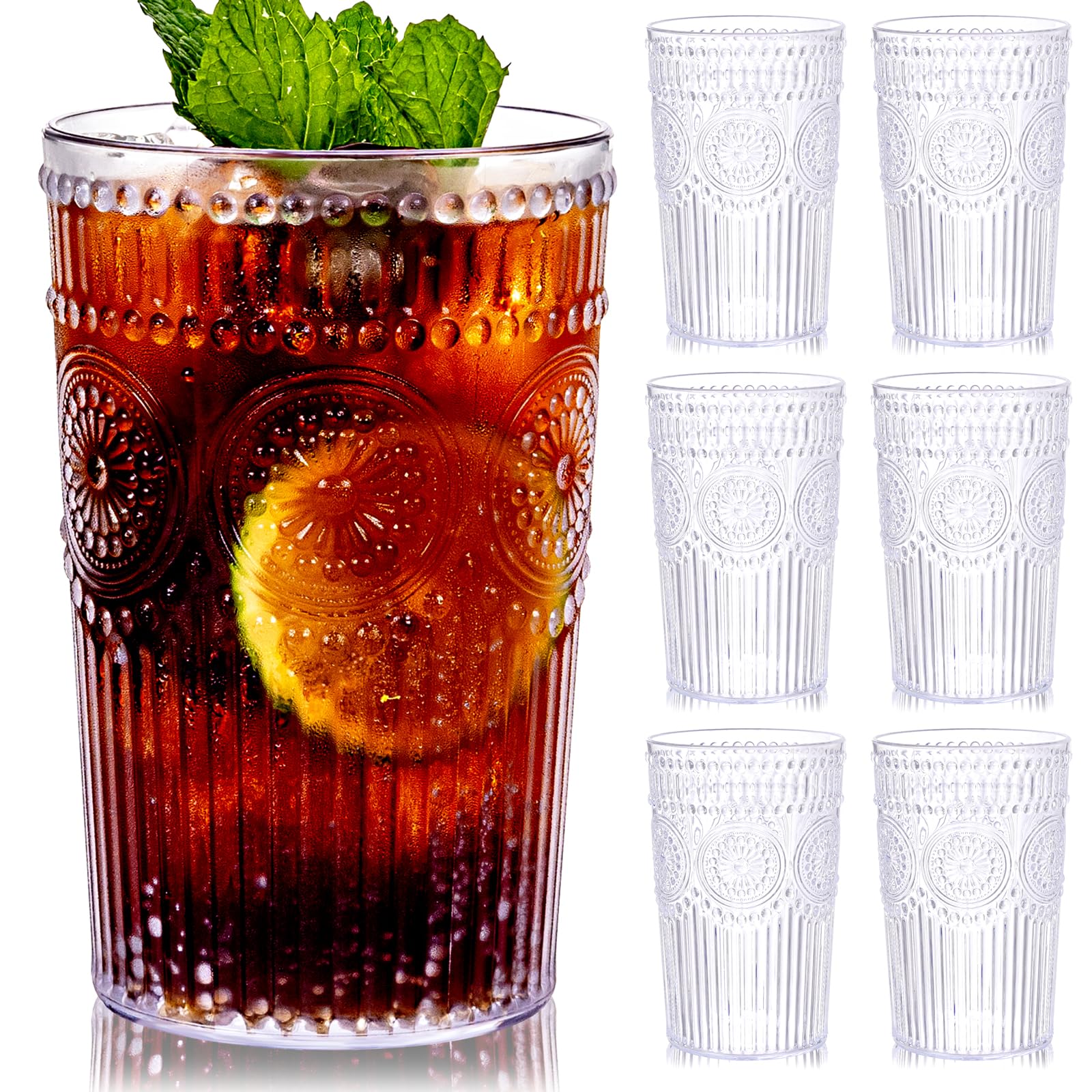 Ciaell 12 Pack Romantic Plastic Water Glasses - 14 Oz Clear Vintage Drinking Glasses Embossed Ribbed Plastic Cups
