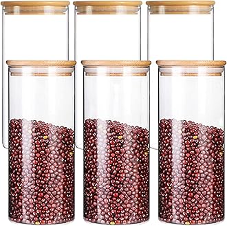 Airtight clear glass storage canister with wood lid food storage container jar with sealing bamboo lid for kitchen storage and multipurpose use (450ML JARS, 6 PCS)