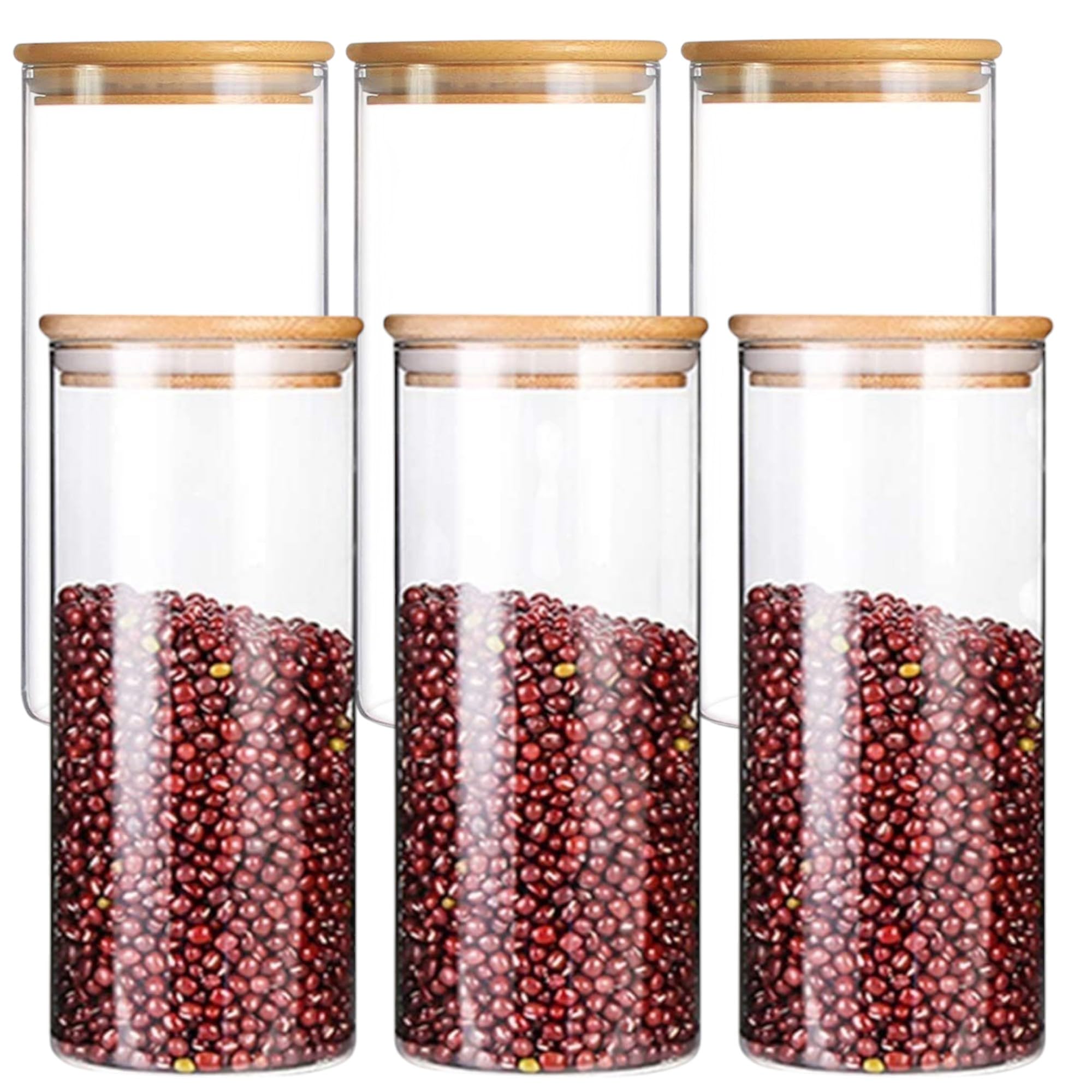 Jinelza Airtight clear glass storage canister with wood lid food storage container jar with sealing bamboo lid for kitchen storage and multipurpose use (450ML JARS, 6 PCS)