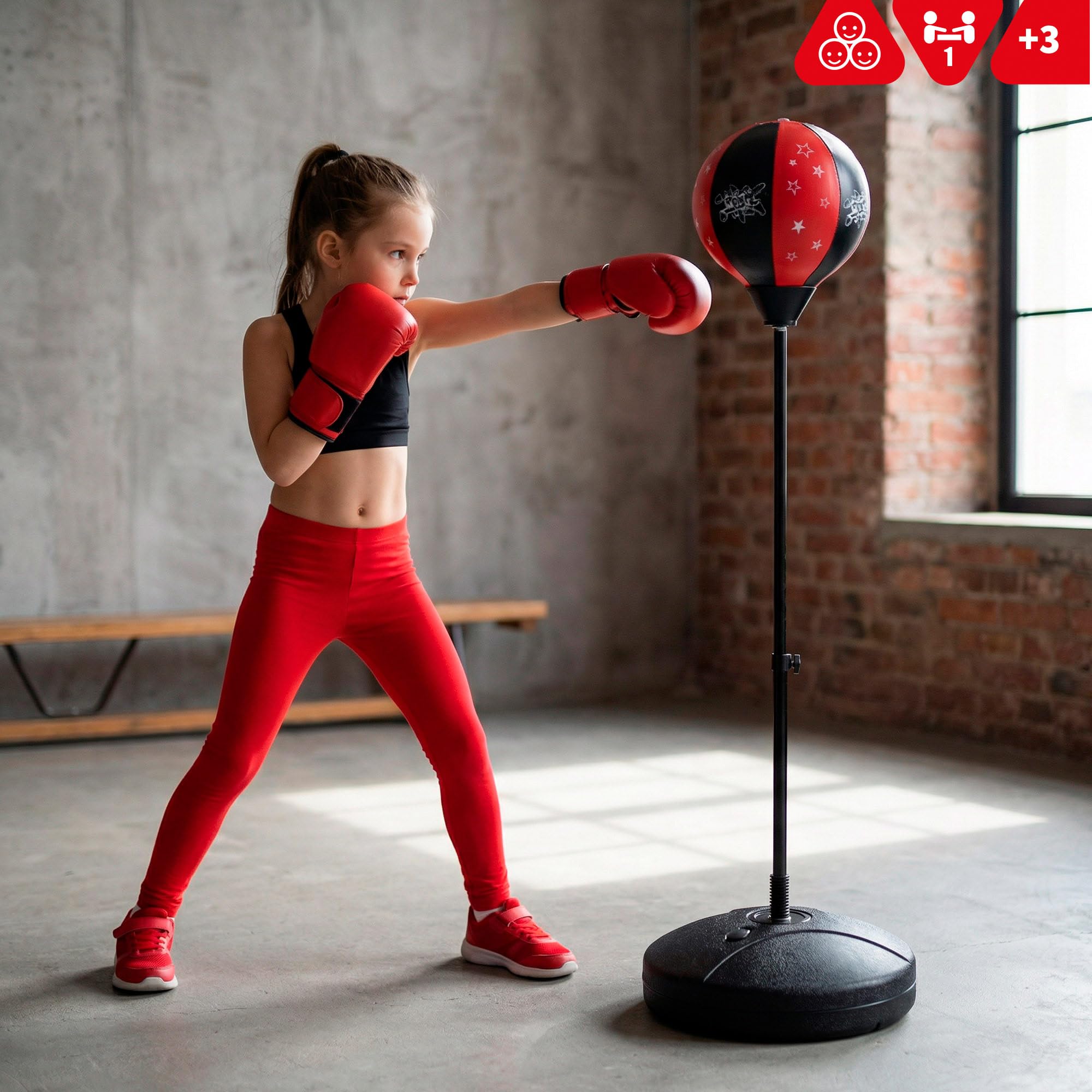 Colorbaby Set sacco boxe in piedi, palla Ø22 cm, manico regolabile 95-125 cm, base circolare stabile Ø38 cm, guanti imbottiti, gonfiatore, allenamento bambini, a partire da 3 anni (47855)