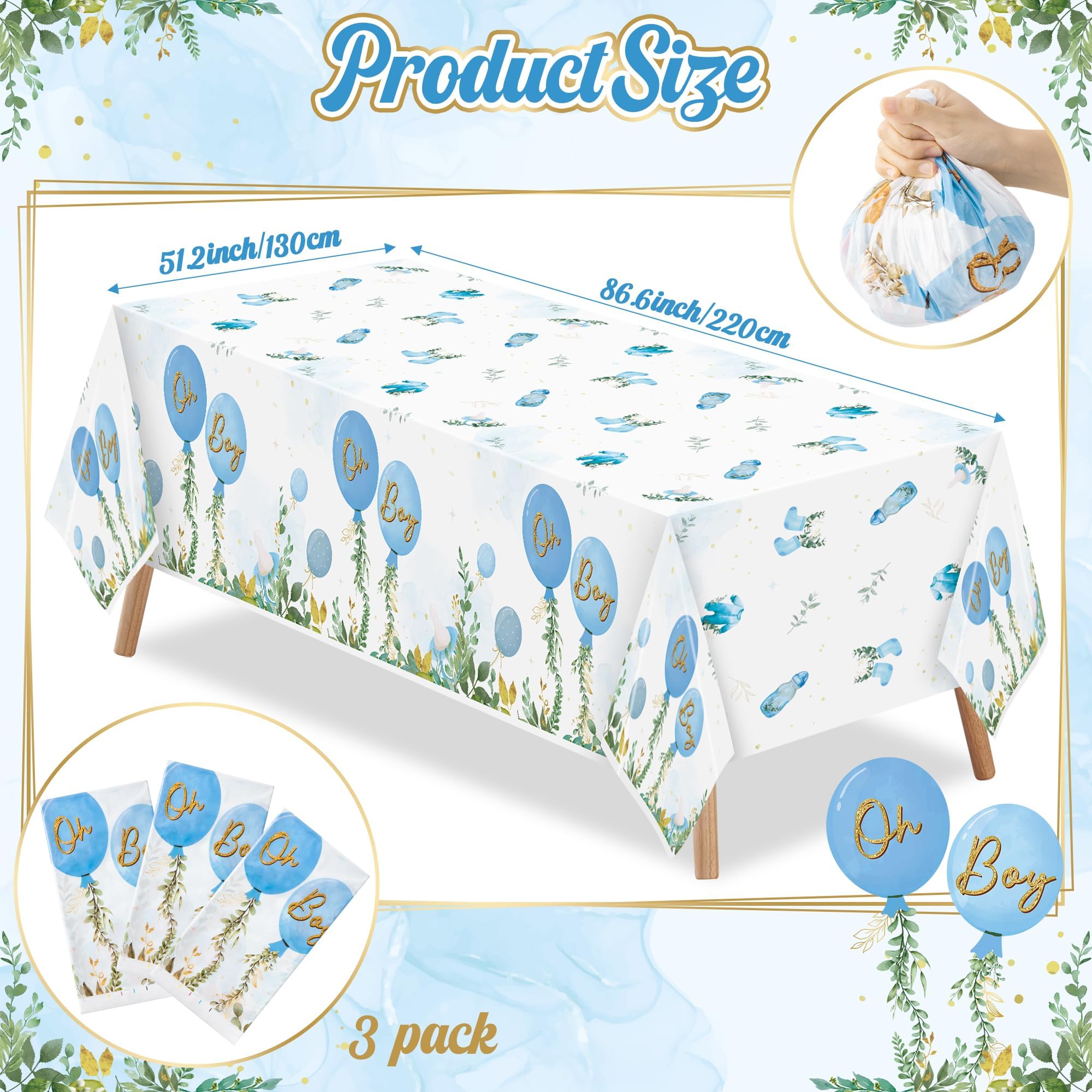 Baby Shower Party Tablecloths - 3Pcs Watercolor Blue Birthday Party Table Cover Decorations, Oh Boy Themed Rectangular Plastic Disposable Table Cloth for Baby Boys Birthday Gender Reveal Supplies