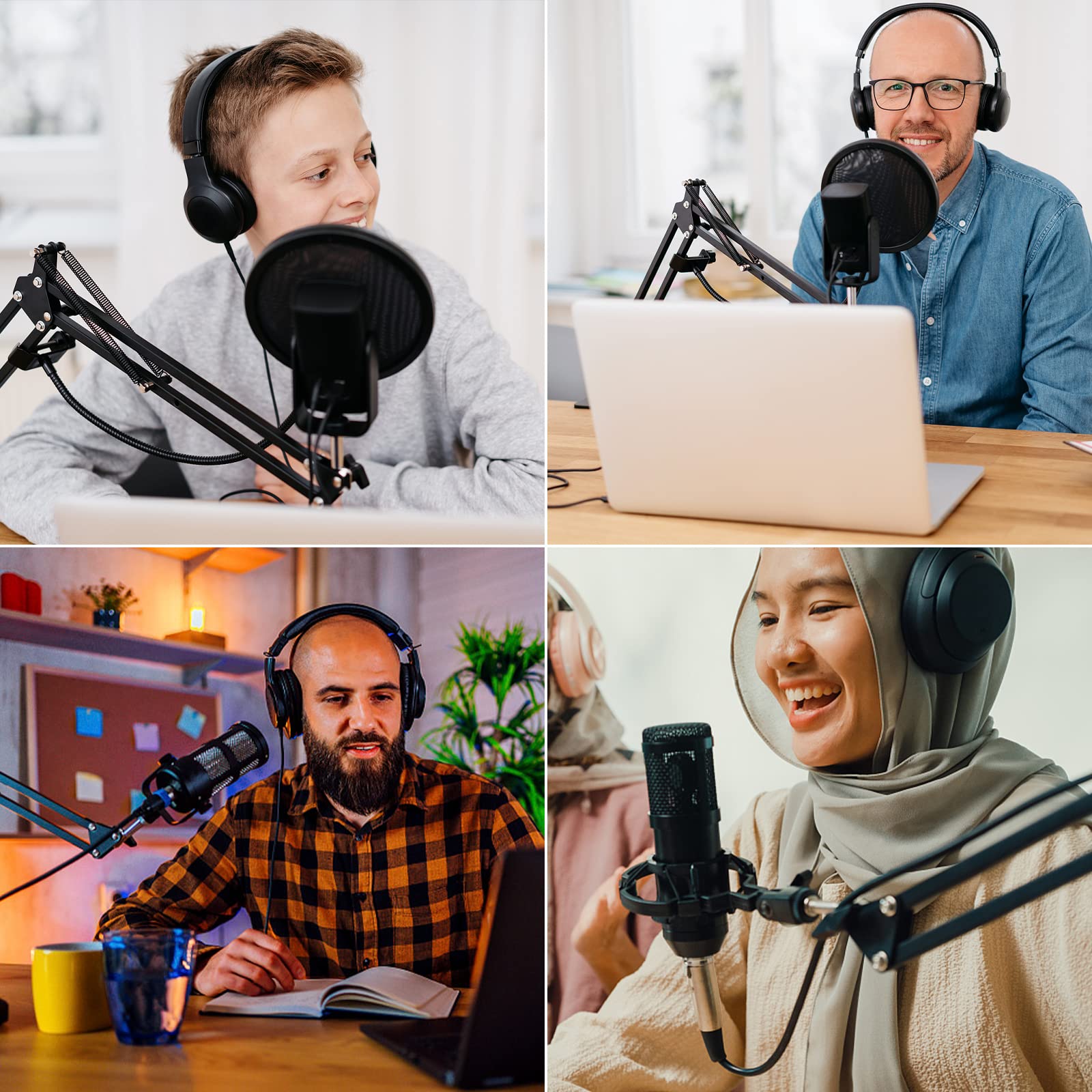 Relota Bras Micro Réglable, Support de Microphone Noir avec Filtre Anti-Pop, Pince à Micro, 5 Attaches de Câble, Anti-choc, Perche Micro Suspension pour Studio, Diffusion, Enregistrement, Gaming