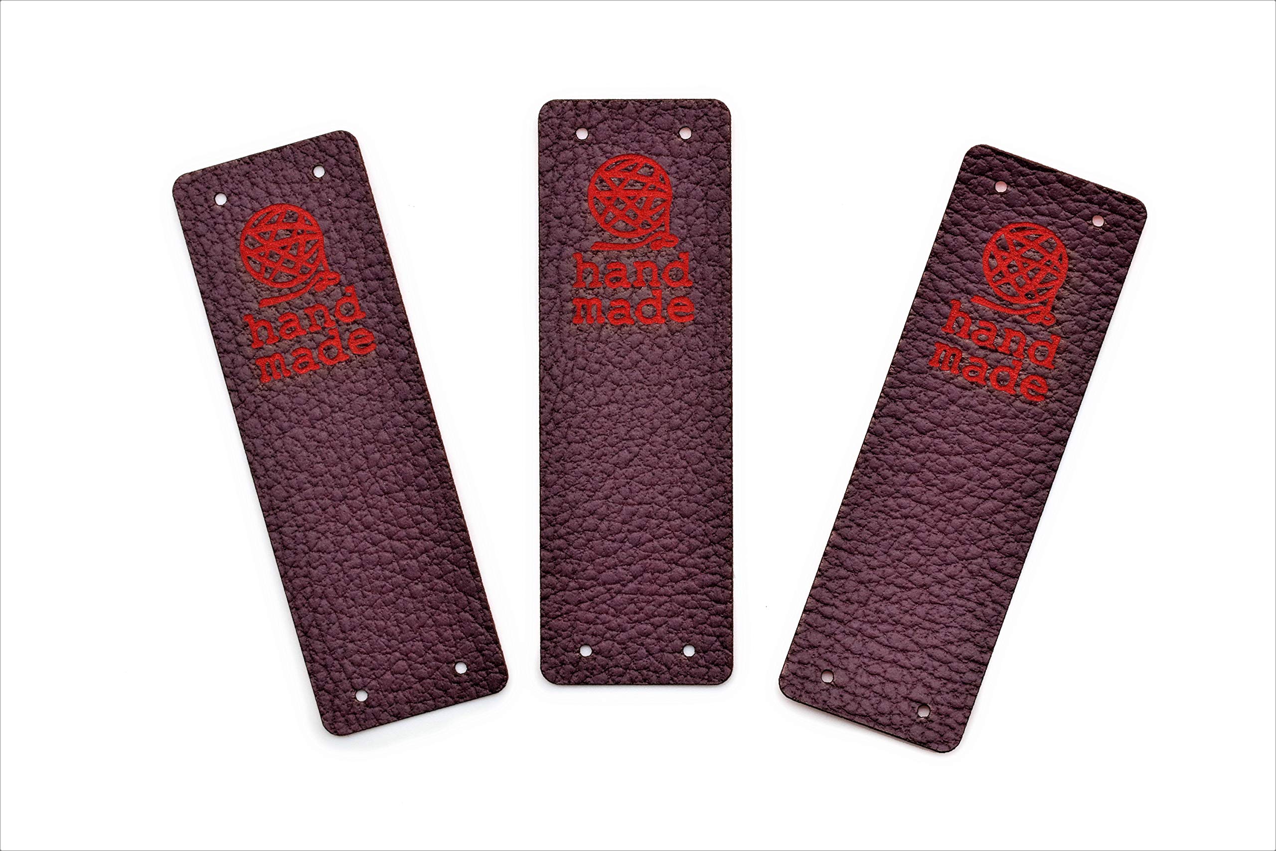 Etichette Personalizzate Handmade Pieghevoli PU - Rosso-Viola Mod. HMD Gomitolo hand made- Tag Handmade Etichette da cucire su prodotti fatti a mano (30 Pezzi - Testo Personalizzato)