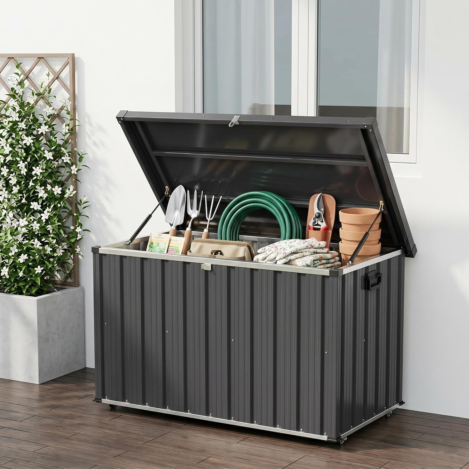Takywep Metal Deck Box Outdoor Storage Container with Wheels,150 Gallon Weather-Resistant Steel Patio Storage Bin, Galvanized Frame and Coated Panels, for Deck Porch Pool Cushions Tools