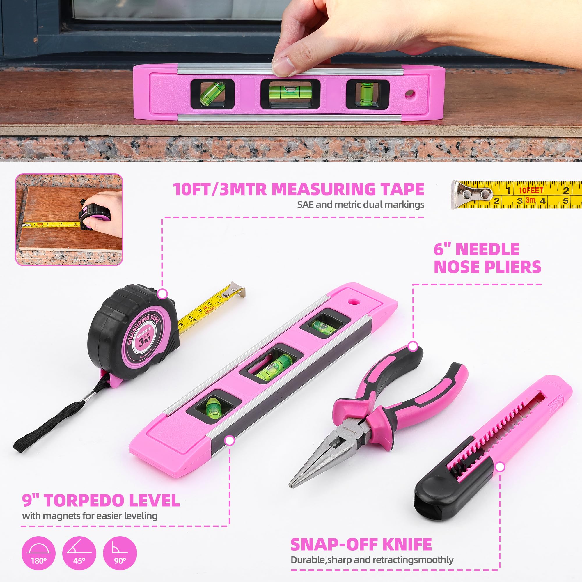 URASISTO 123 Piece Pink Tool Set - Electric Screwdriver Kit -4