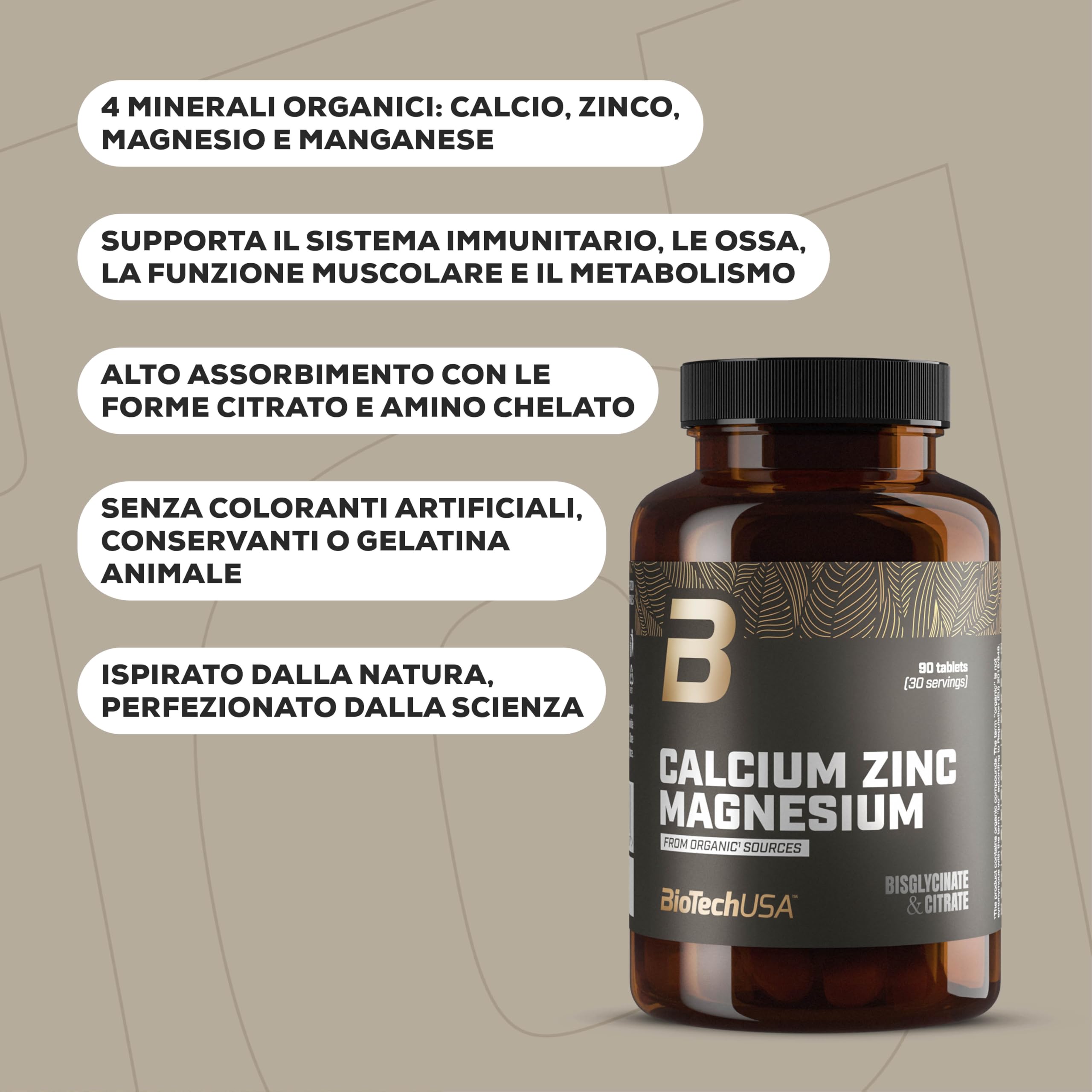 BioTechUSA Calcium Zinc Magnesium | da fonti organiche | Calcio e magnesio per la funzione muscolare | Zinco per il sistema immunitario | 90 compresse