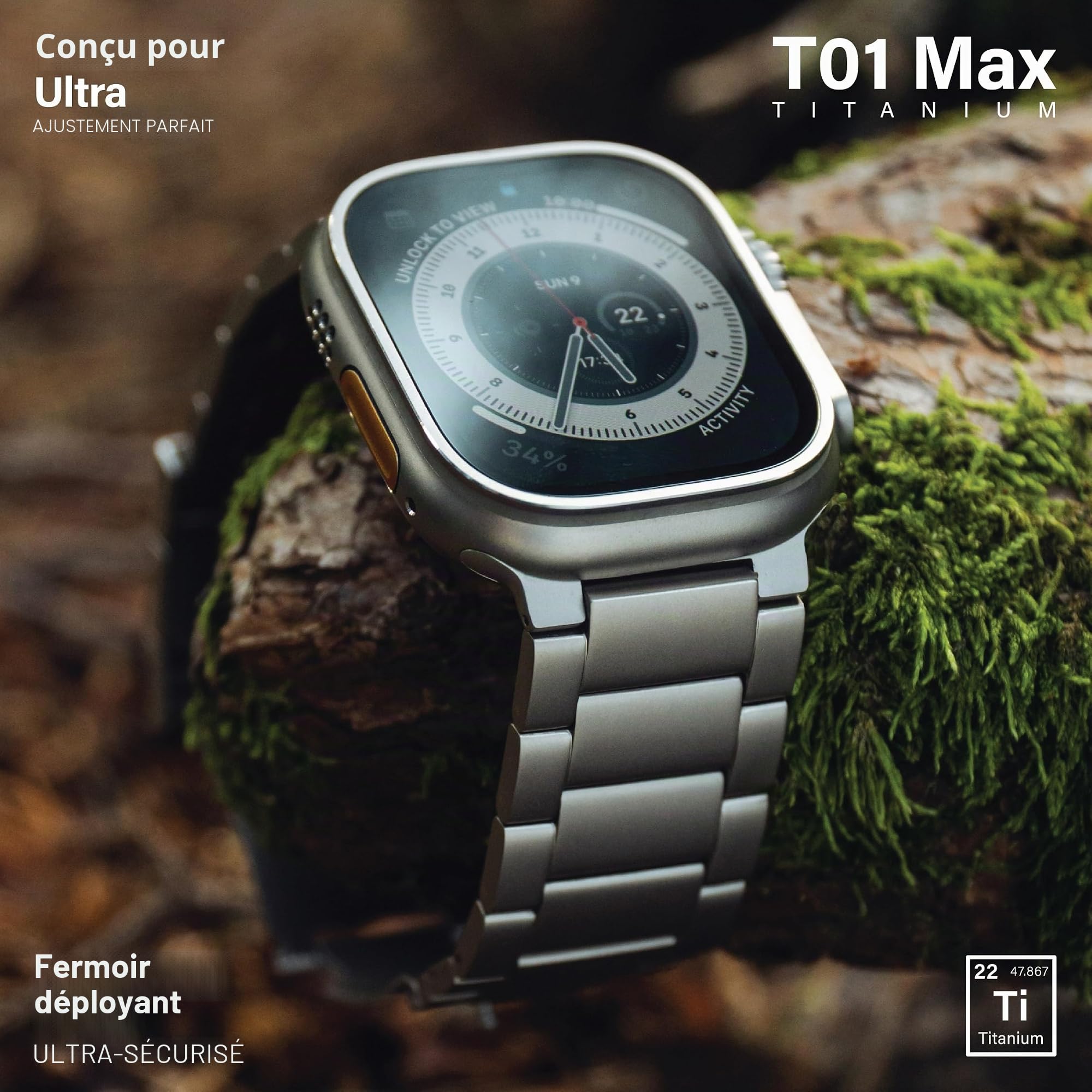 KORDIZ Bracelet de montre en titane T01 (Max) - Compatible avec Apple Watch Ultra 2 et Ultra (49 mm) - Bracelet de montre en titane réglable avec fermoir sécurisé - Bracelet de couleur