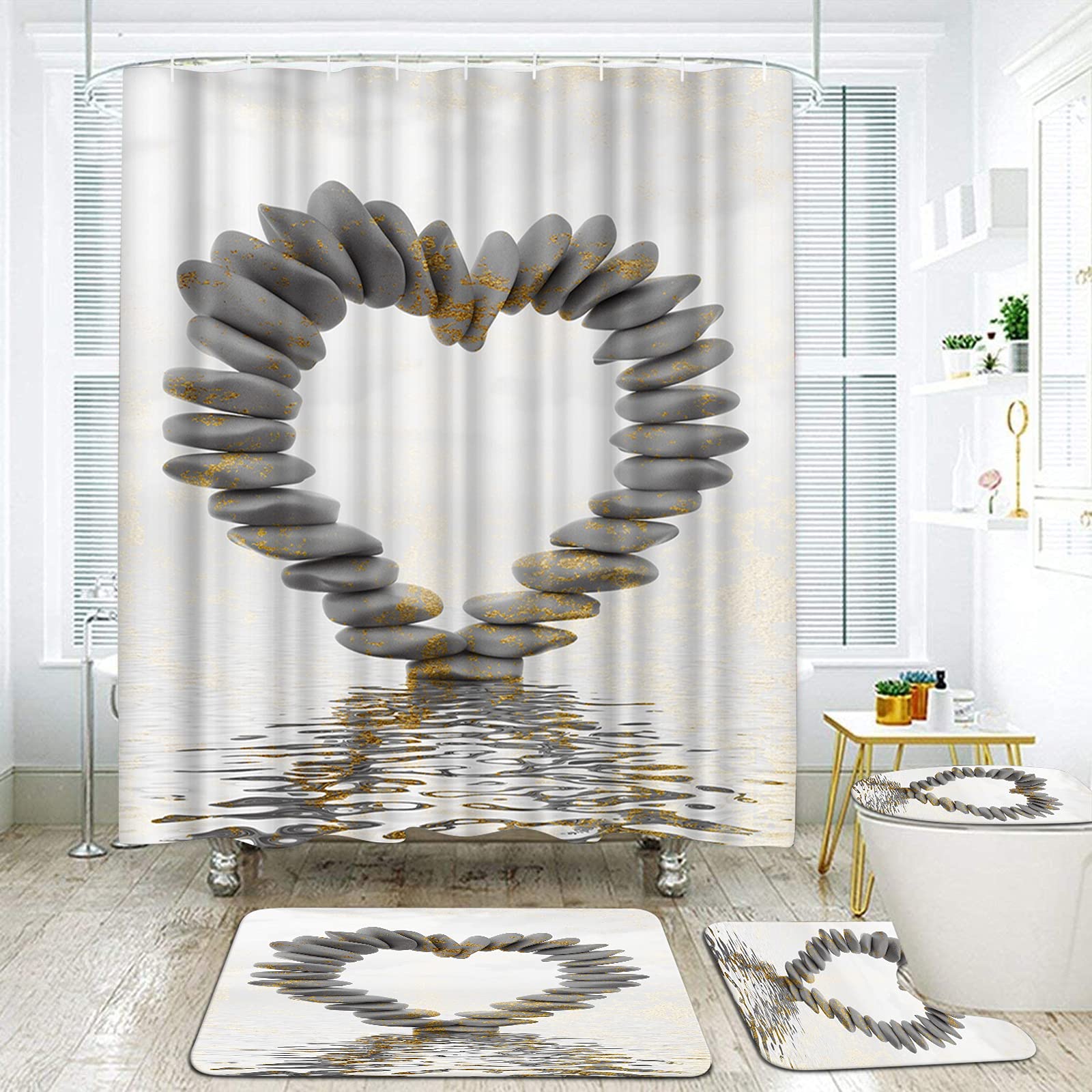 SkenoArt 4 Pcs Zen Stone Shower Curtain Set with Non-Slip Rug Toilet Lid Cover and Bath Mat Love Heart Shape Reflection Durable Waterproof Bath Curtain with 12 Hooks Grey White Gold