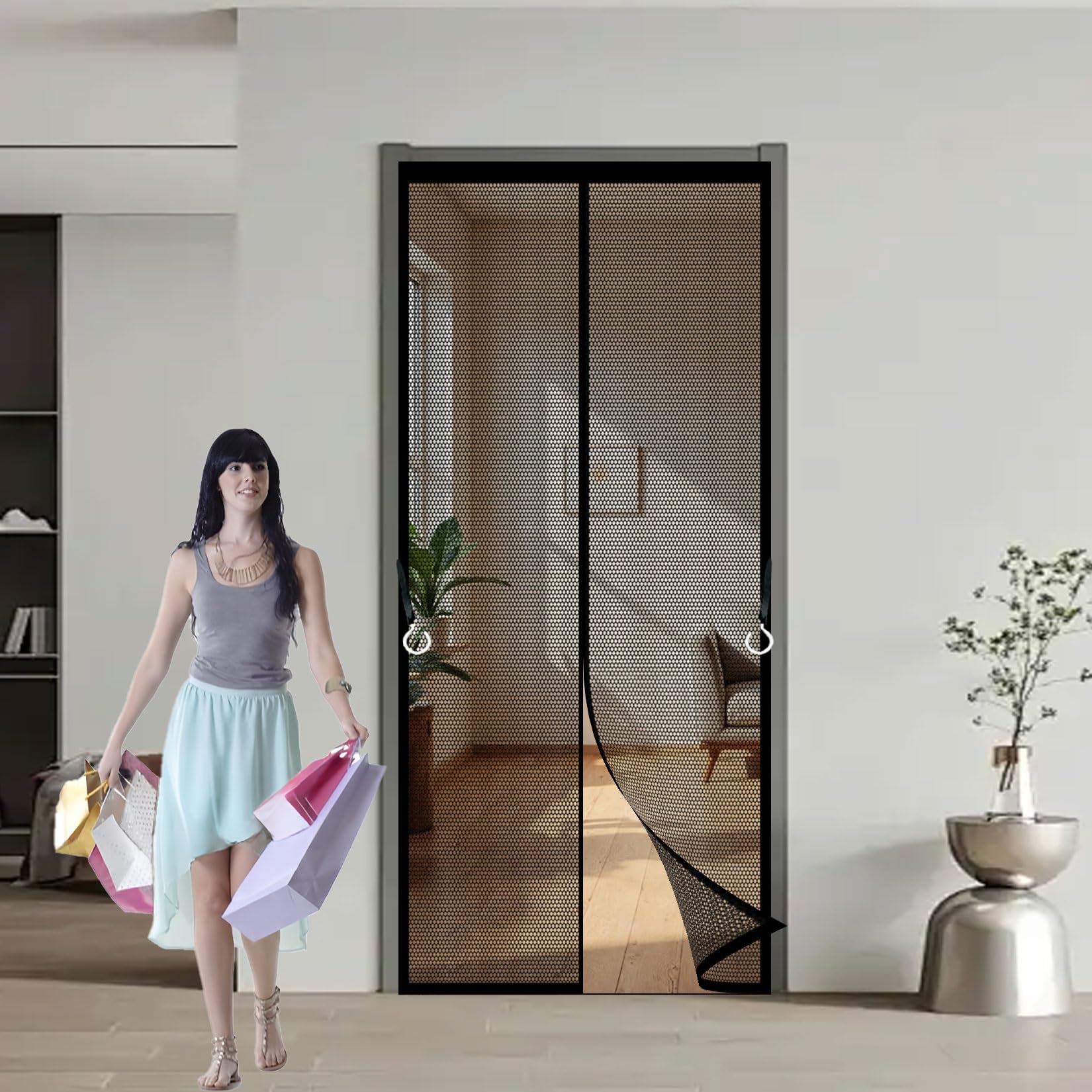 Magnetic Fly Screen Door 133 x 243 cm Powerful Magnets, Self-Sealing, Polyester Fly Screen Curtain Without Drilling, Heavy Duty for Patio Doors Bedroom, Black