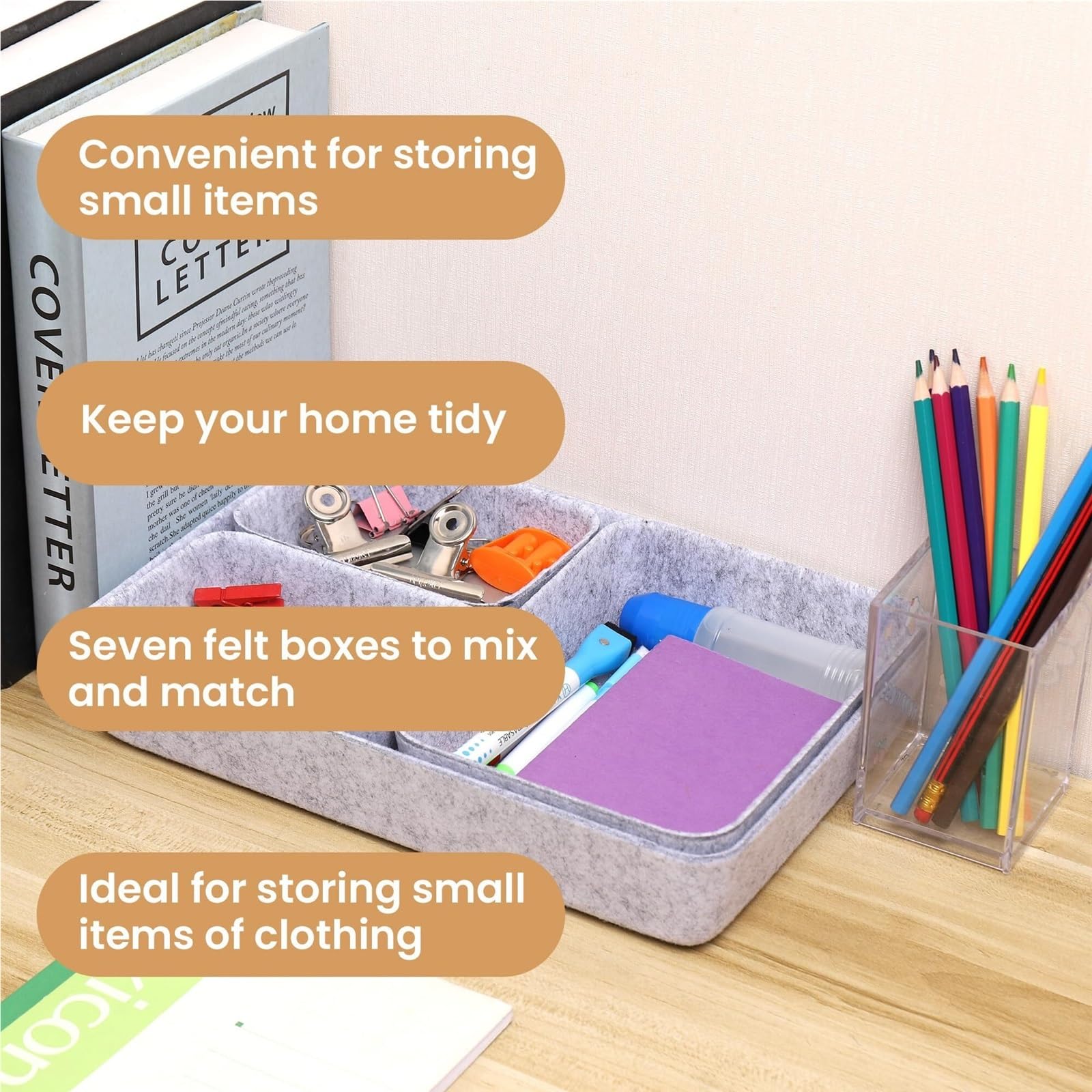 Set mit 7 schwarzen Filz-Schubladen-Organizern – stilvolle Aufbewahrungskörbe für Schlafzimmer, Büro, Kinderzimmer und Schrank – vielseitige platzsparende Lösungen für übersichtliche Organisation