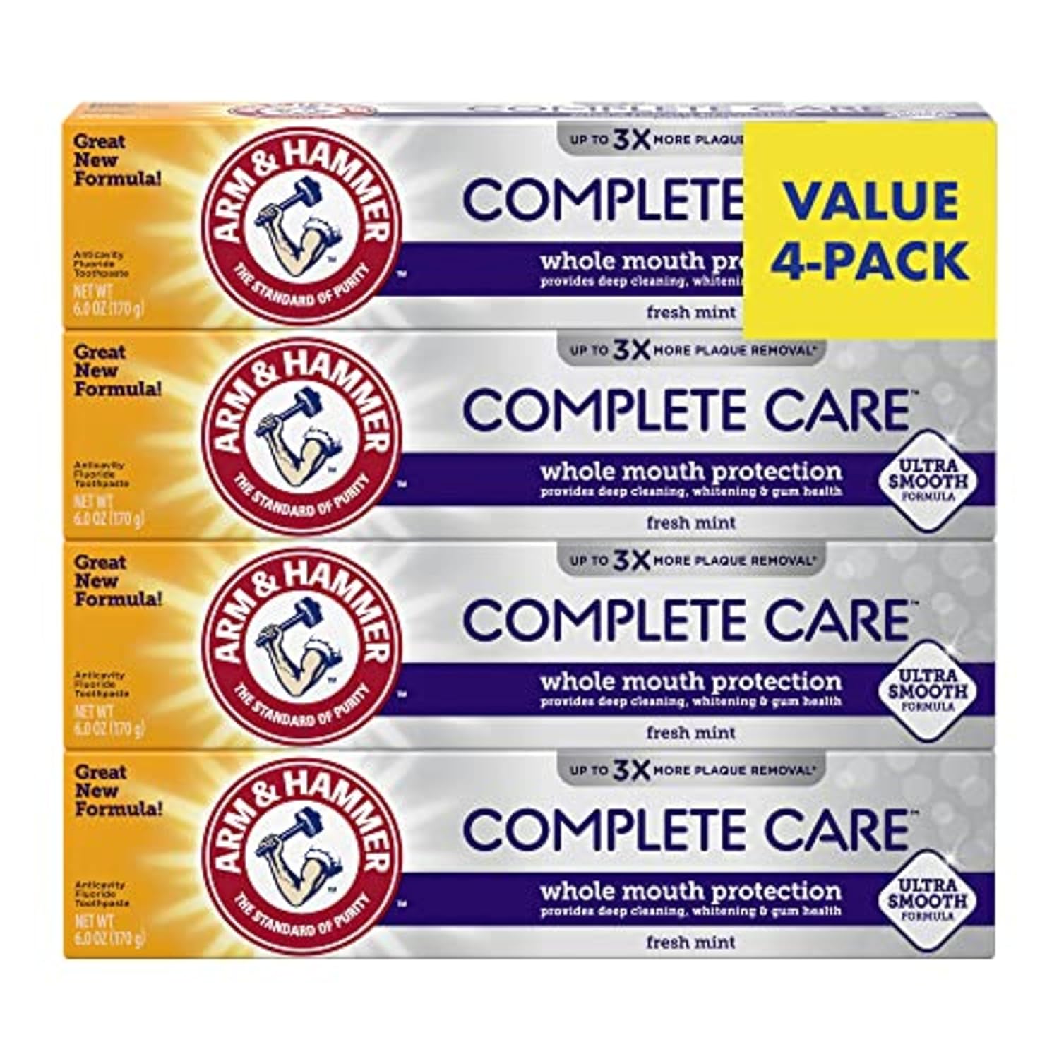 Creme Dental ARM & HAMMER Complete Care, Pasta de Dente Clareadora com Bicarbonato, Fluoreto, Proteção Completa para a Boca, Sabor Menta Fresca, 170 g (Pacote com 4)