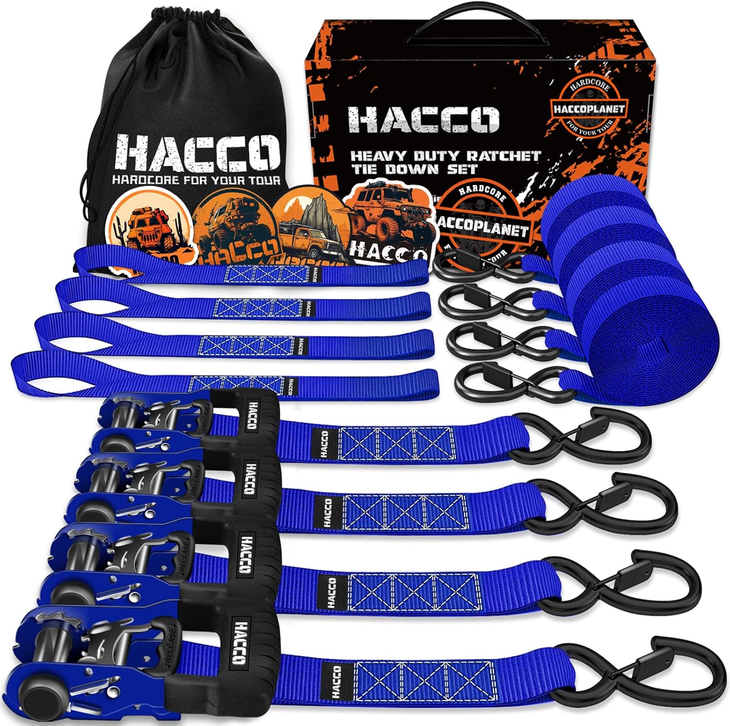 Ratchet Straps, 5280lb Break Strengeth, 1.6" Heavy Duty Ratchet Tie Down Strap Set w/Padded Handle, S Hook, Soft Loop for UTV Motorcycle Truck Cargo Straps (Blue, 8FT)