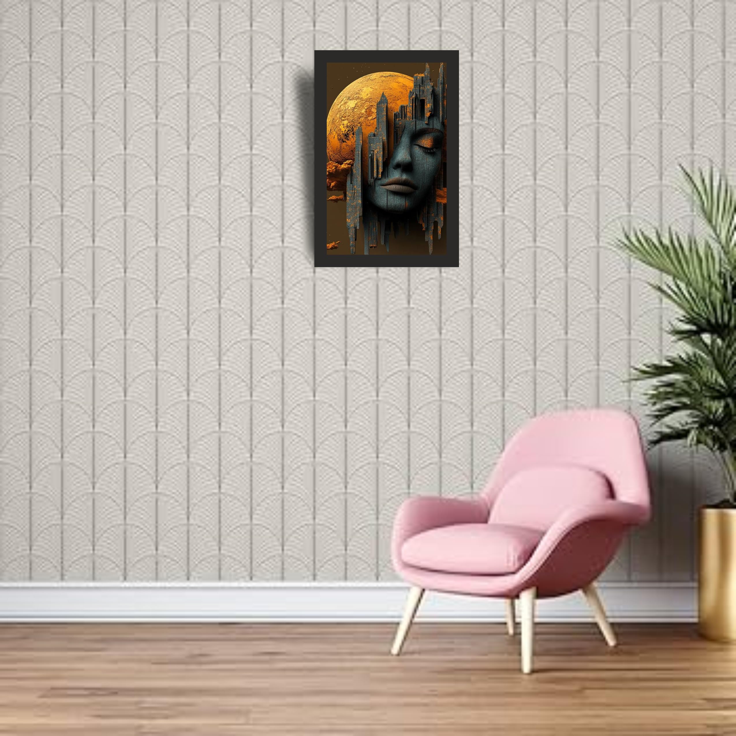 Surreal Moon Face City Wall Art