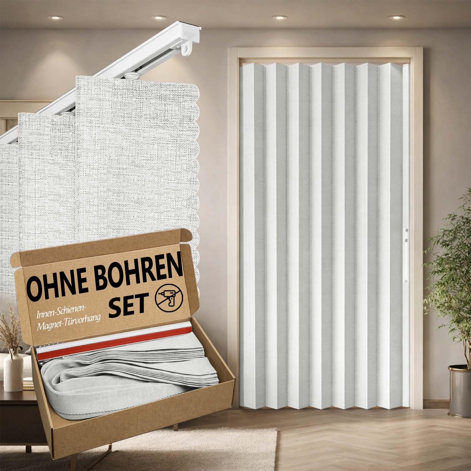 Jilron 100% Blickdichter Türvorhang – Faltbarer Akordion-Stil mit Magnetverschluss, Klebemontage ohne Bohren, inkl. Klebeschiene, Verdunkelung & Windschutz