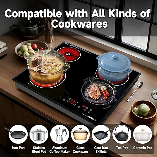 Miniatura 5 de Estufa eléctrica de 24 pulgadas, 4 quemadores, 6500 W, 24 pulgadas, estufa eléctrica de cerámica con bloqueo para niños y seguridad automática,