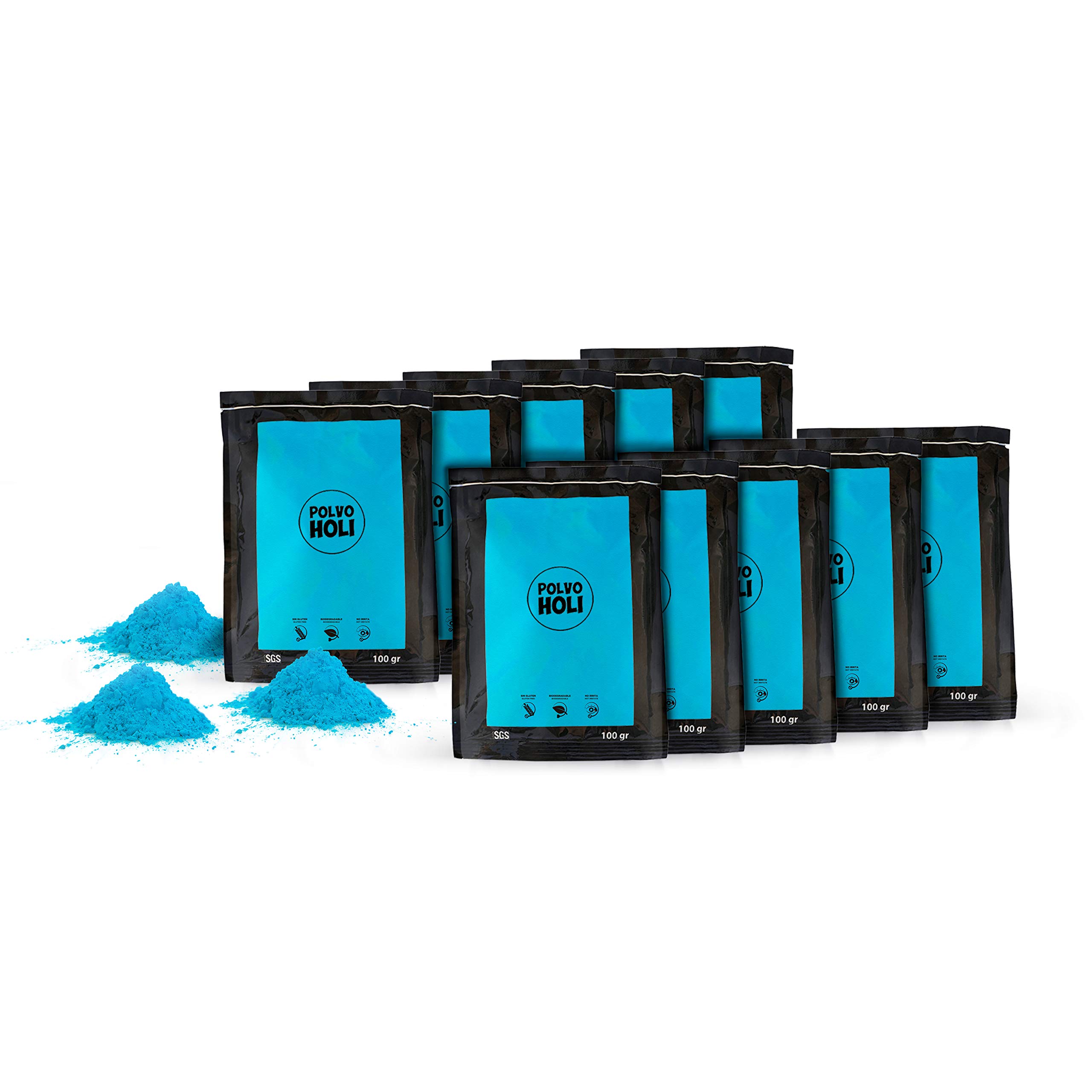 POLVO HOLI - Pacco con 10 sacchetti di Holi Powder da 100g (Blu chiaro)
