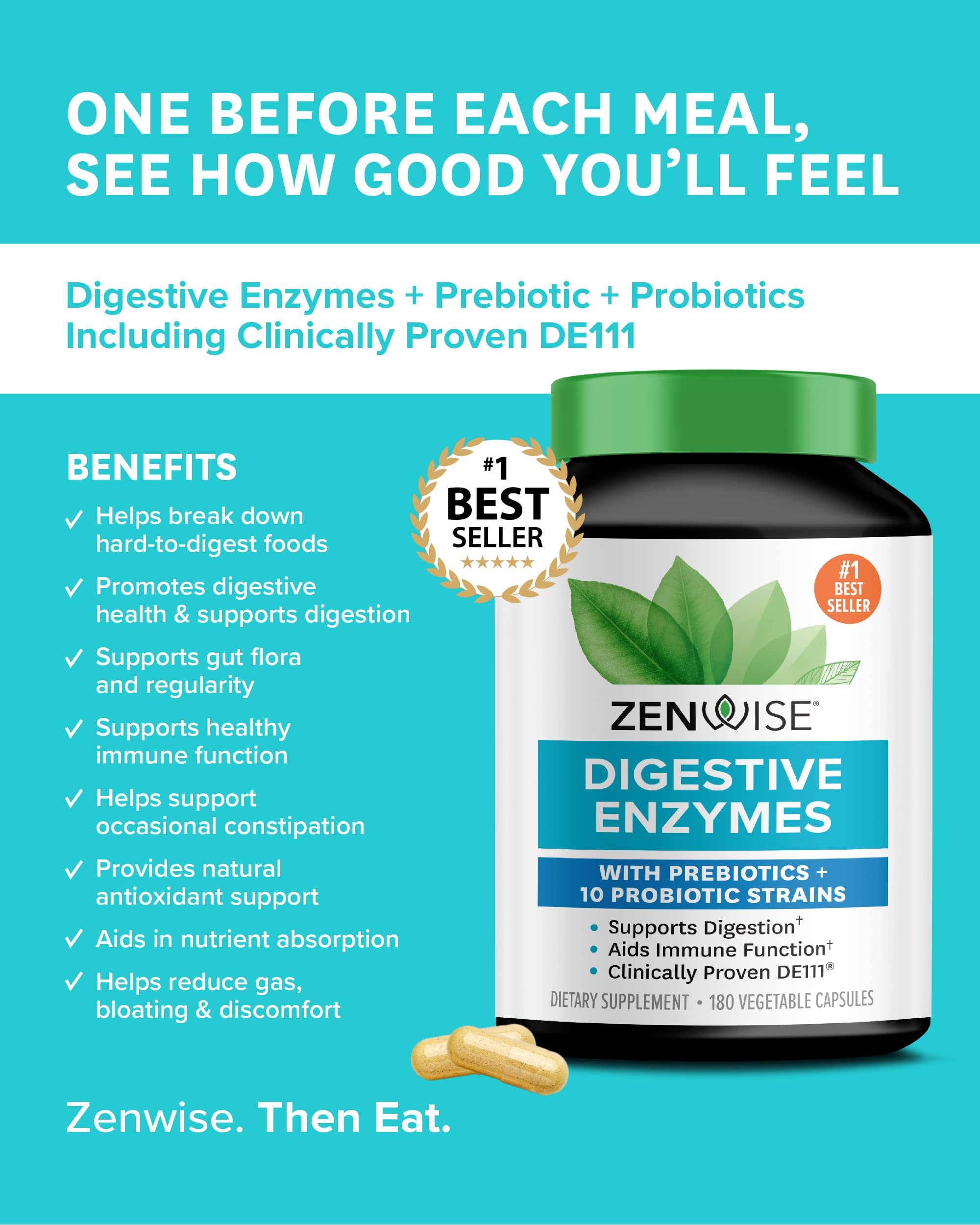 Buy Zenwise Digestive Enzymes Plus Prebiotics & Probiotics Supplement, 180 Servings, Vegan