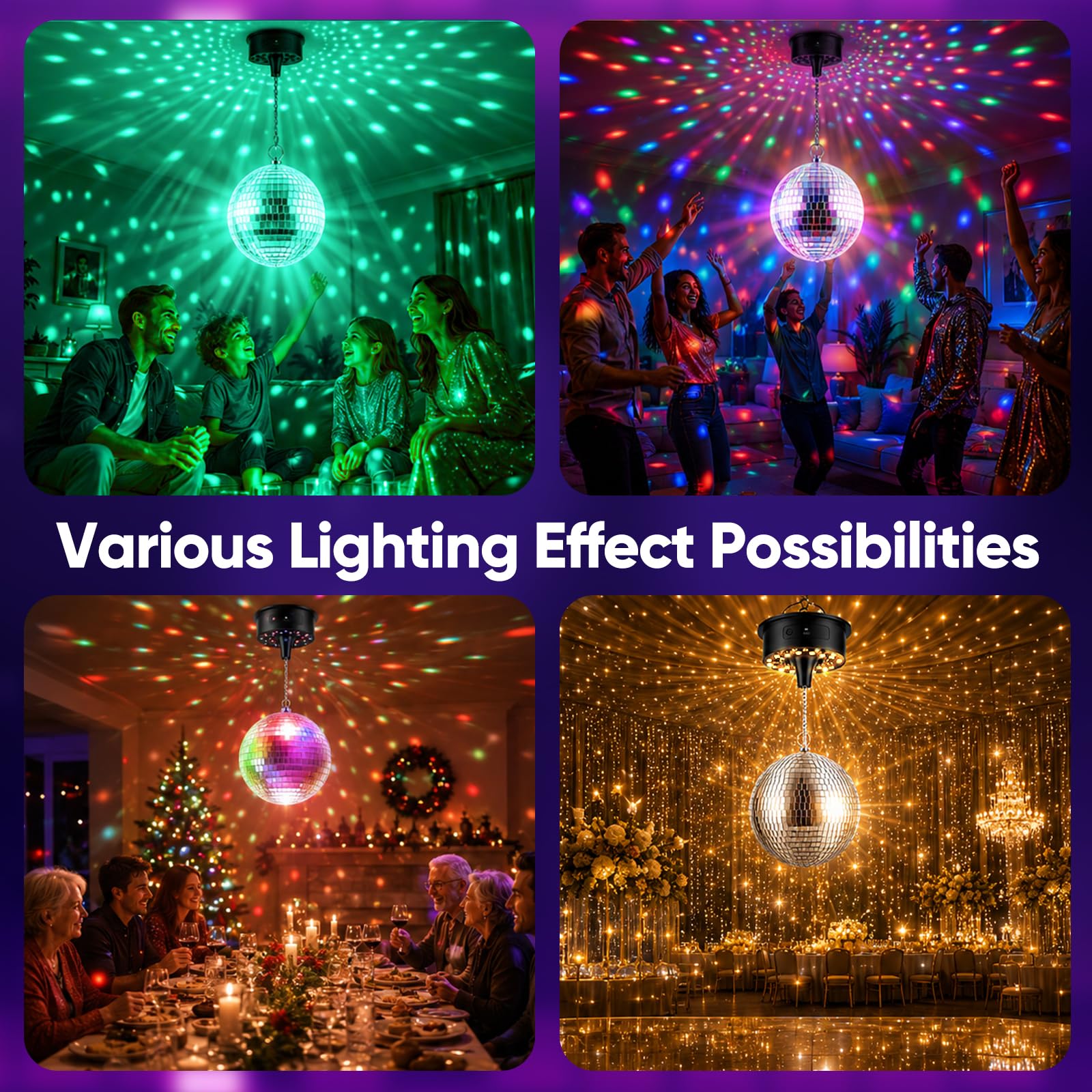 20CM Boule à Facettes avec 30 LED, Boule Disco Lumineuse Rotative, 6 tr/min, Alimentation par Piles ou Cordon d'Alimentation, Suspendre, Idéale pour Fête, Soirée Disco, Décoration de Maison, Bar