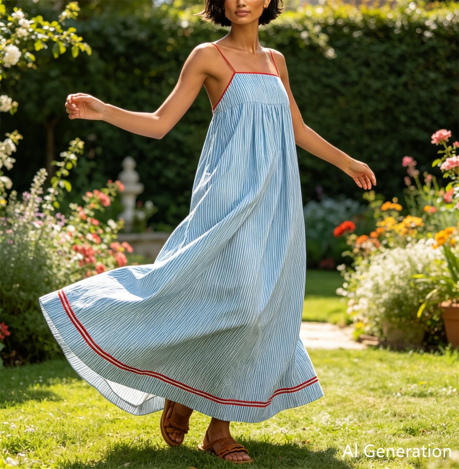 Genérico Vestido Largo de Tirantes Finos Estilo Boho para Mujer, Corte A, con Detalles Rojos