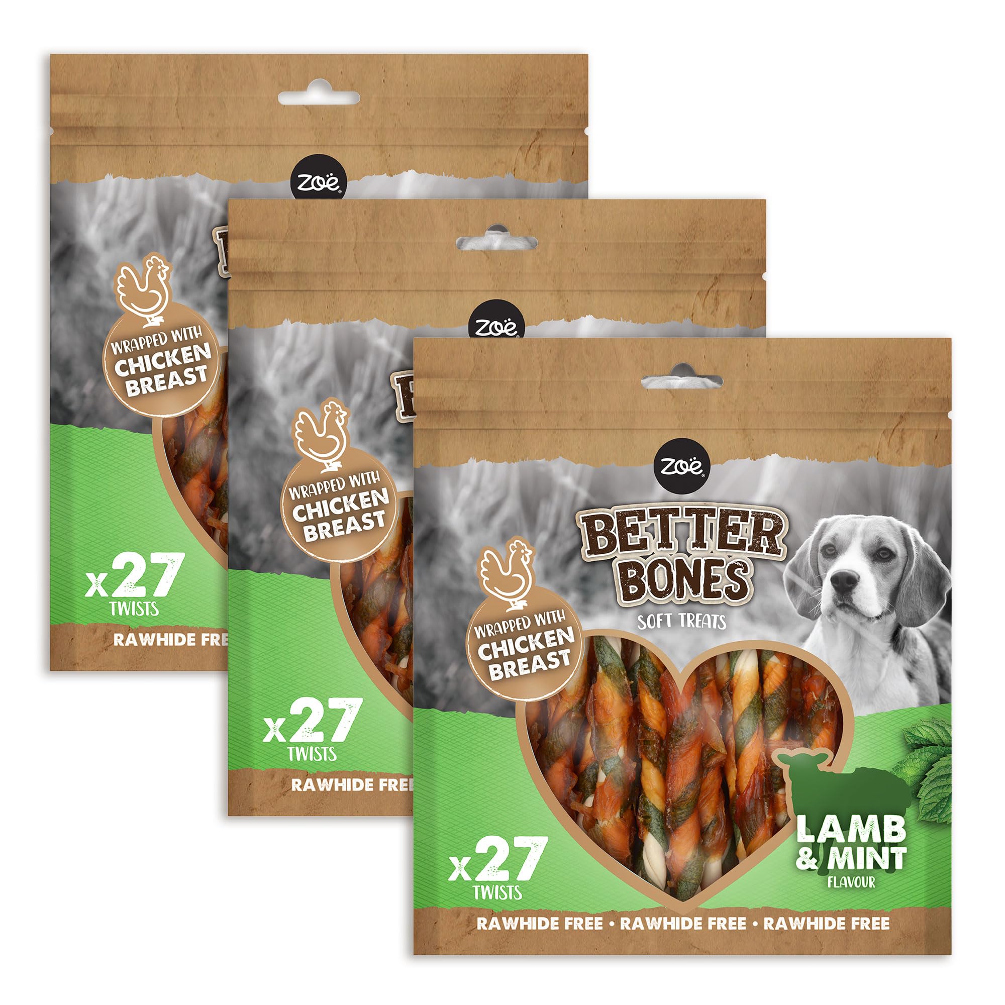 Zoë Better Bones Soft Dog Treat Chews, Pouch of Rawhide-Free, Chicken-Wrapped Twist Dog Training Chews - Lamb & Mint Flavour, 3 Bags of 27 pcs
