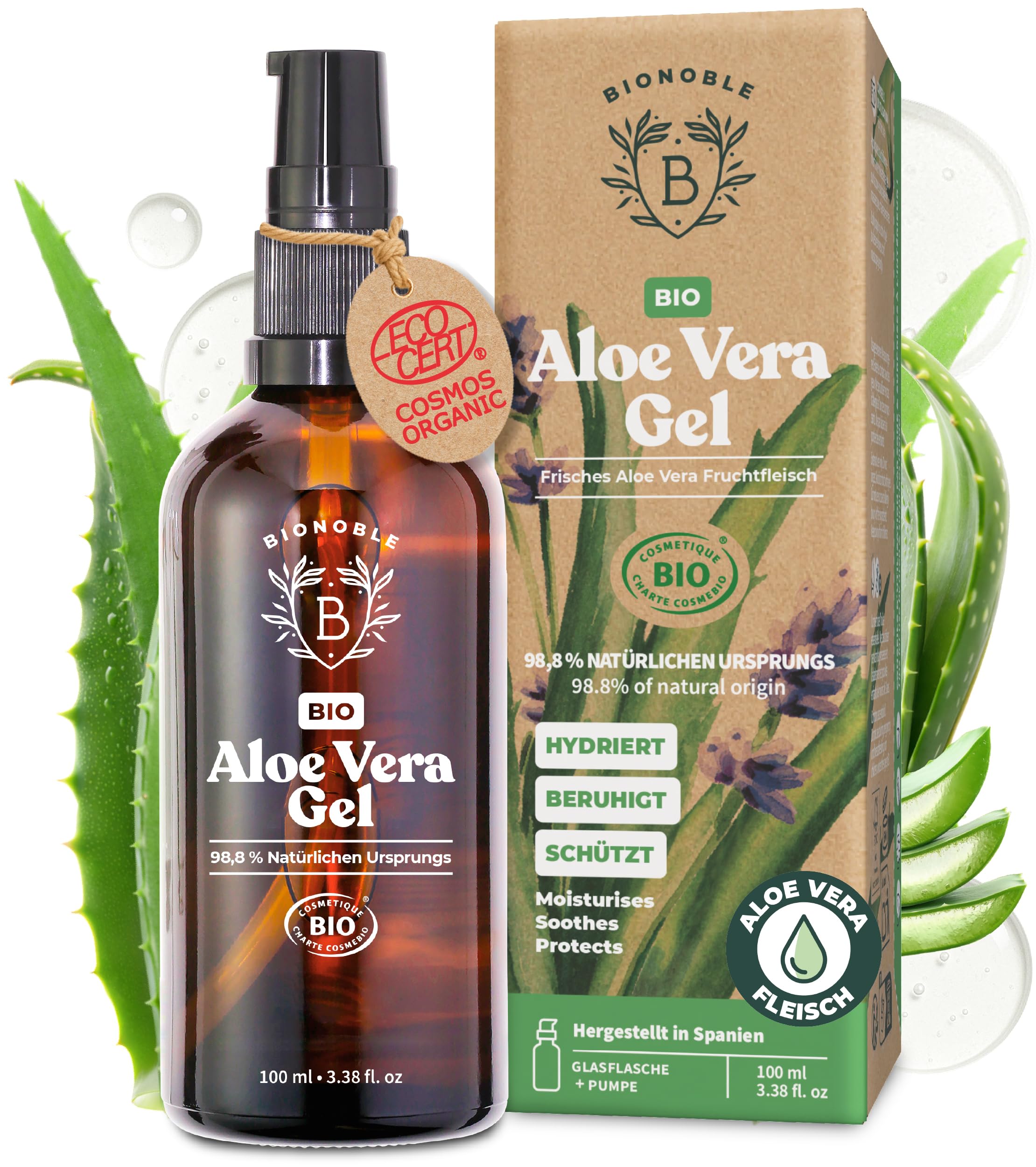 BIONOBLE Bio Aloe Vera Gel 100 Prozent Frischem Blattgel mit Ätherischem Lavendelöl - 97% Reines Aloe Vera Gel Haare - Spendet Feuchtigkeit - Gesicht, After Sun, Körper - Glasflasche, Pumpe - 100ml