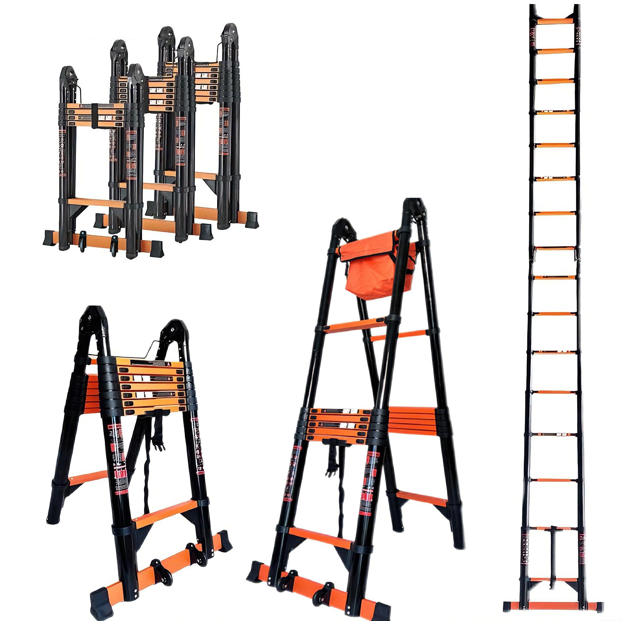 Teleskopleiter Klappleiter 6.6m Multifunktionsleite 3.3m+3.3m Kohlenstoffstahl Leiter Stehleiter mit 2 Rädern & Werkzeugtasche Bis 150 kg Belastbarkeit mit EN131 Zertifiziert