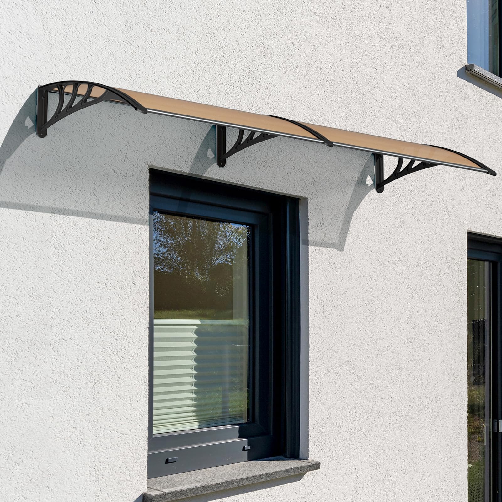 LIFERUN Pensilina Tettoia per Porta Balcone Esterno, 190 x 98.5 cm, Tetto Policarbonato Alveolare Trasparente, Protezione solare e dalla pioggia,Marrone scuro