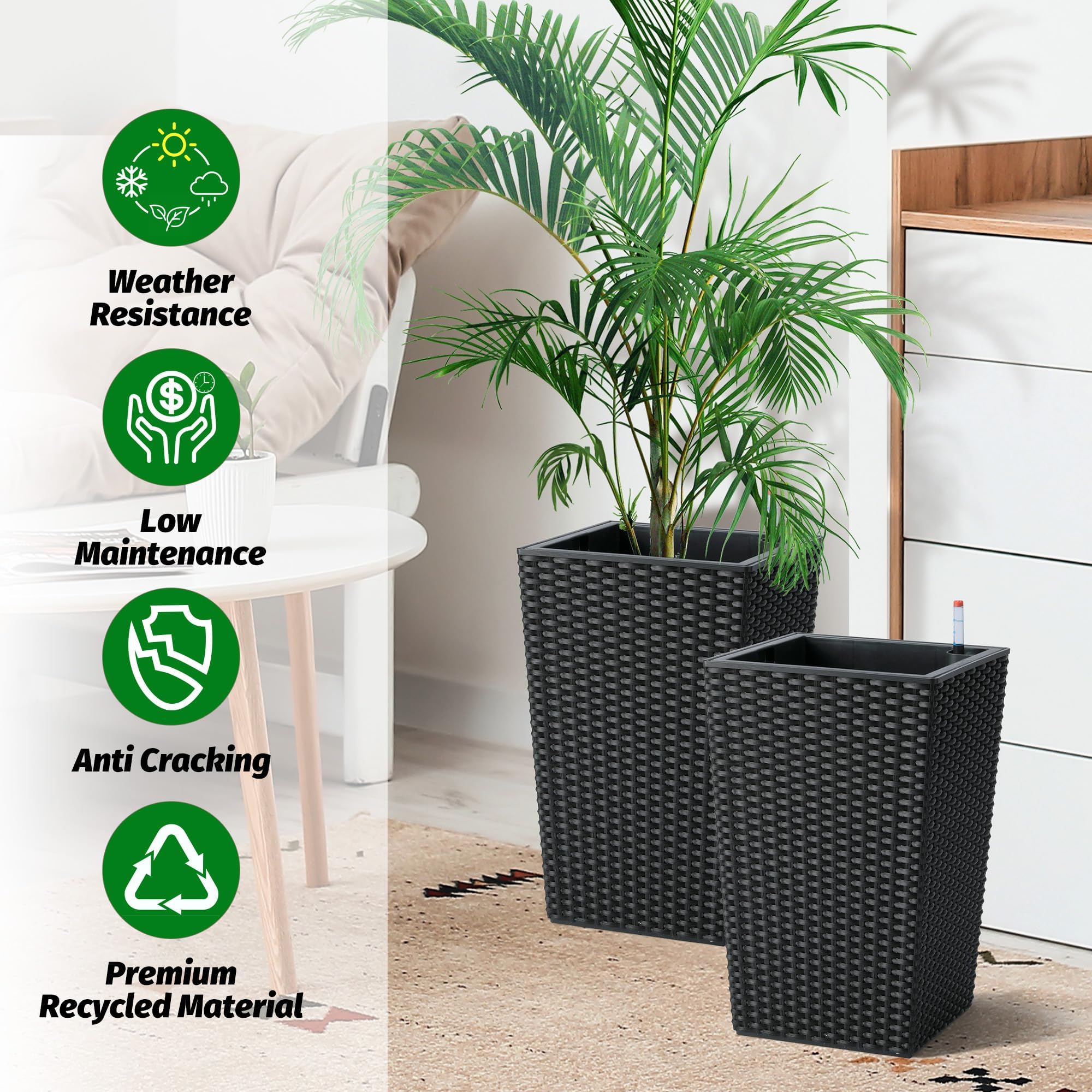 Garvee Lot de 2 Grands Pots de Fleurs en rotin – Réservoir d'eau intégré, indicateur de Niveau, roulettes, soucoupes – Idéal intérieur/extérieurérieur, terrasse, Balcon, Bureau – Coloris : Noir