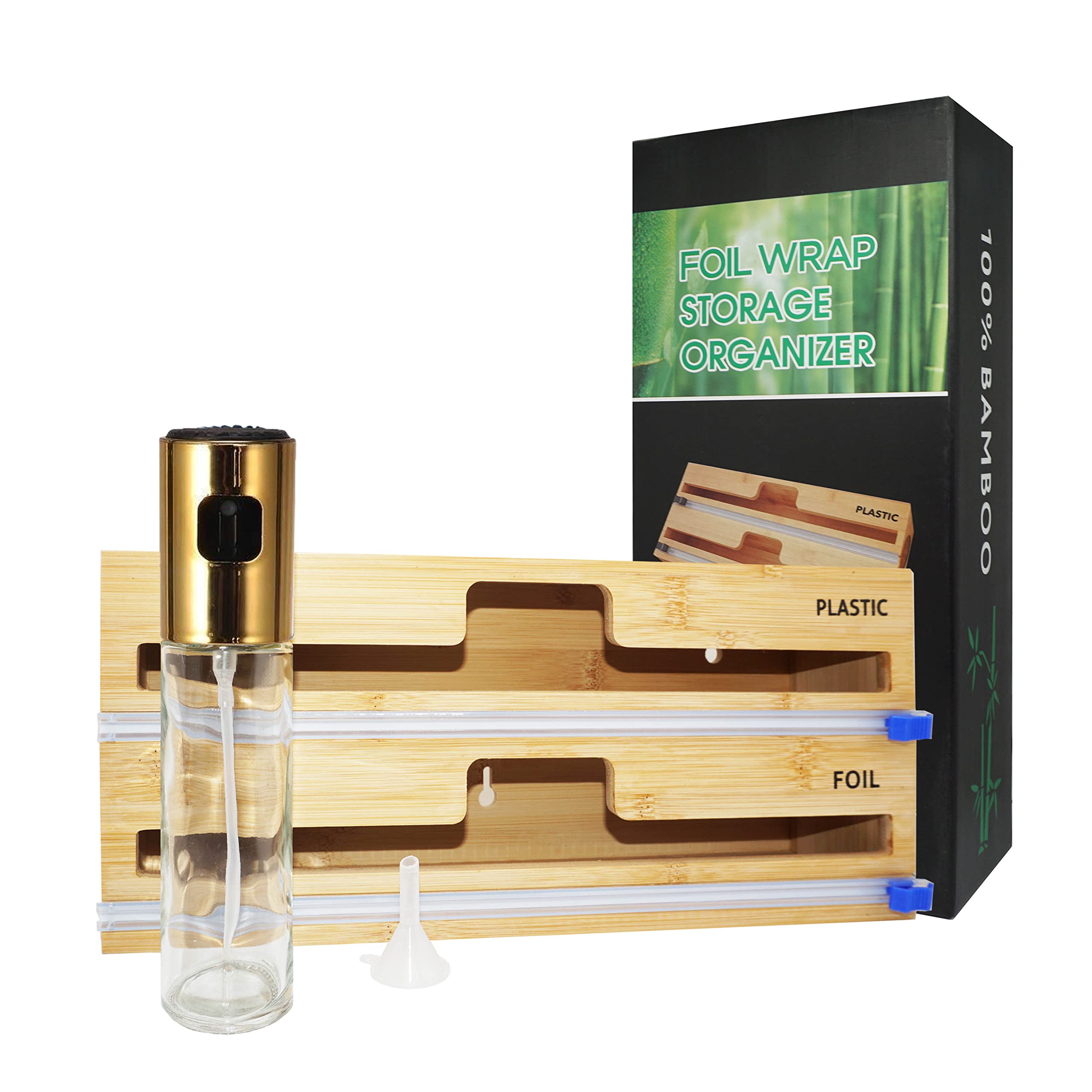 GenericANKs 2 in 1 Premium Quality Bamboo Suitable Dispenser for Kitchen Organization, Dispenser with Slide Cutter, Aluminum Foil and Plastic Wrap Dispenser for Kitchen Drawer with Free Oil Spray and Funnel