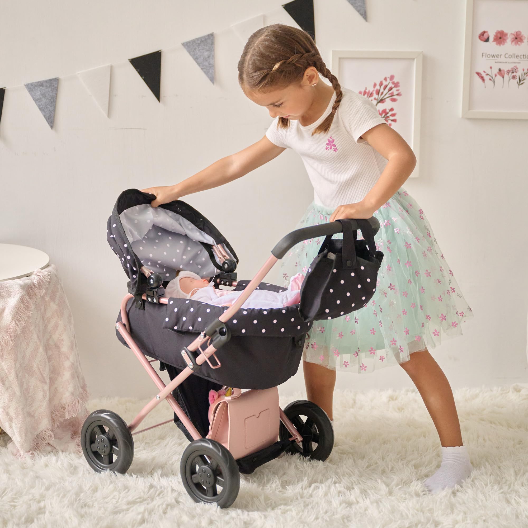 Teamson Kids Cochecito para Muñecas 2-en-1 Classic, Negro, para Niños +3 Años, Metal y Poliéster, 56 x 37 x 64 cm, Olivia's Little World, 1.8 kg