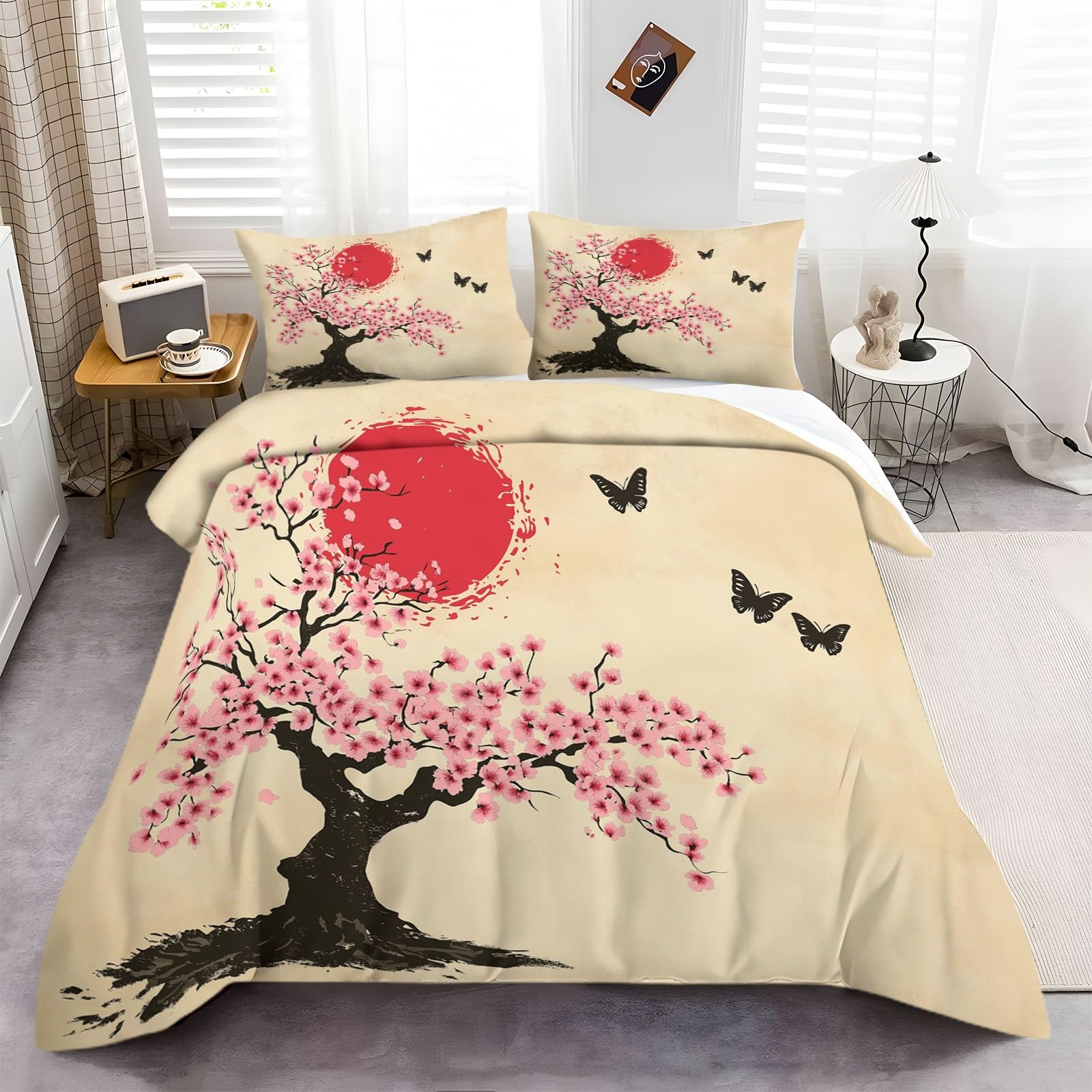 Juego de Funda de edredón para Niños y Niñas, Funda Nórdica Pintura De Tinta Tradicional De Japón,Ropa de Cama súper Suave Juego de Edredón Individual y Almohadas, Viejo Árbol Japonés (150 x 200 cm)