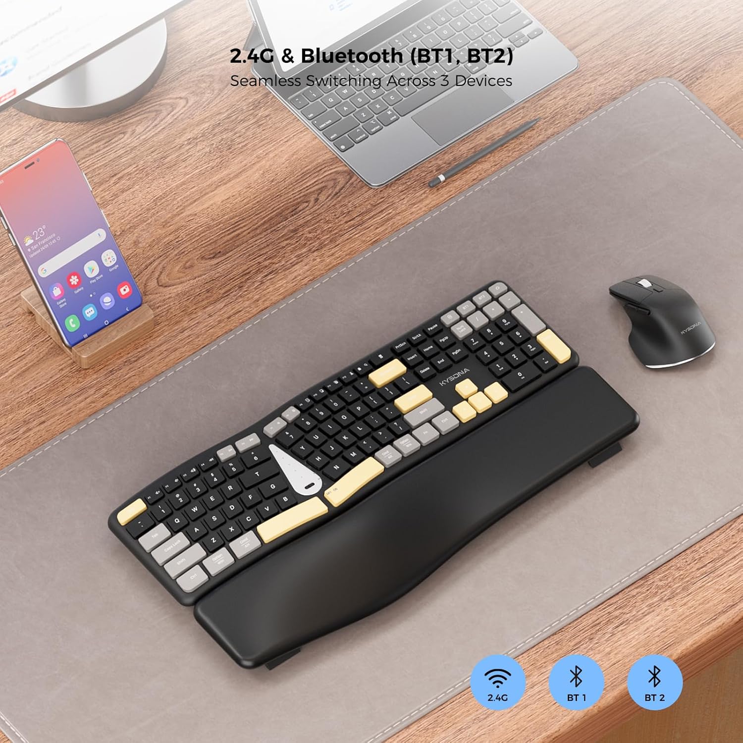 KYSONA Ergonomic Keyboard Mouse Wireless Combo, Full Size Bluetooth Split Keyboard with Wrist Rest, 4 Level DPI Ergo Mouse for Windows Mac OS Computer, Colorful Black