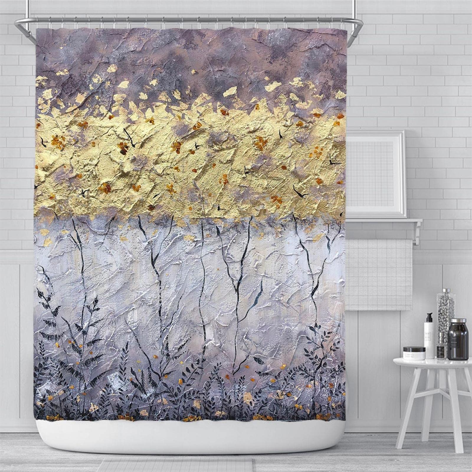 Rideau de douche imperméable lavable imprimé floral feuilles d'or noir protection douche 200cm
