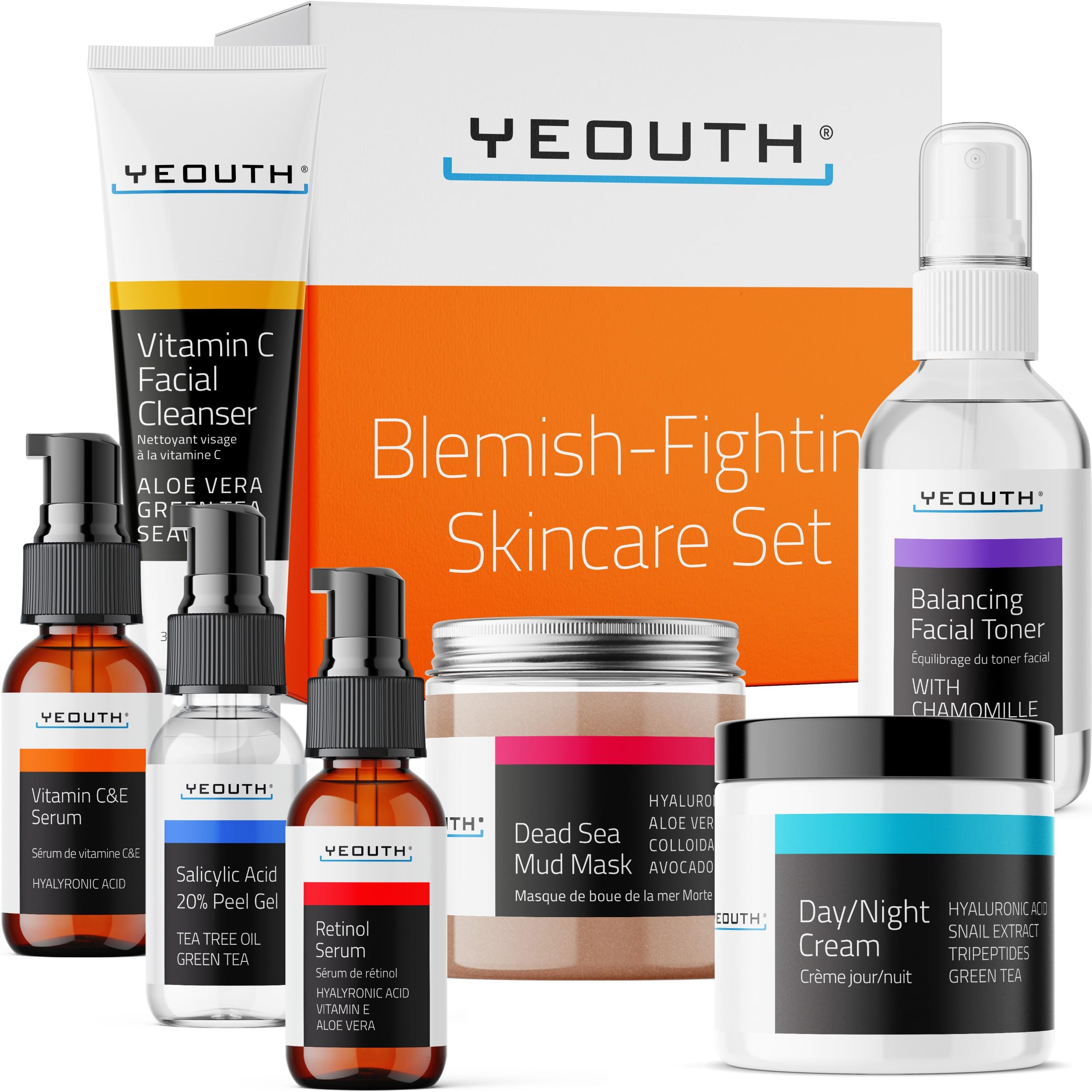 YEOUTH Skin Care Set: Vitamin C Face Wash, Toner, Vitamin C & Retinol Serum, Face Cream, Peel & Mask 7- Piece Skincare Gift Set for Teens, Women & Men