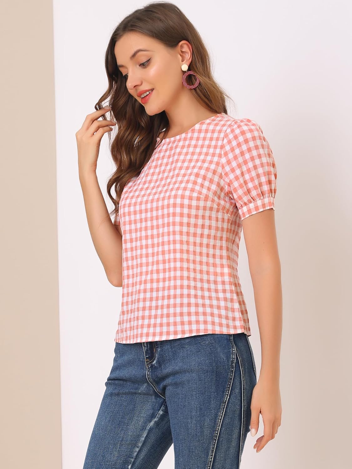 Allegra K Puff Sleeve Gingham Top for Women's Crew Neck Cute Peasant Fitted Checkered Plaid Shirt - Image 4
