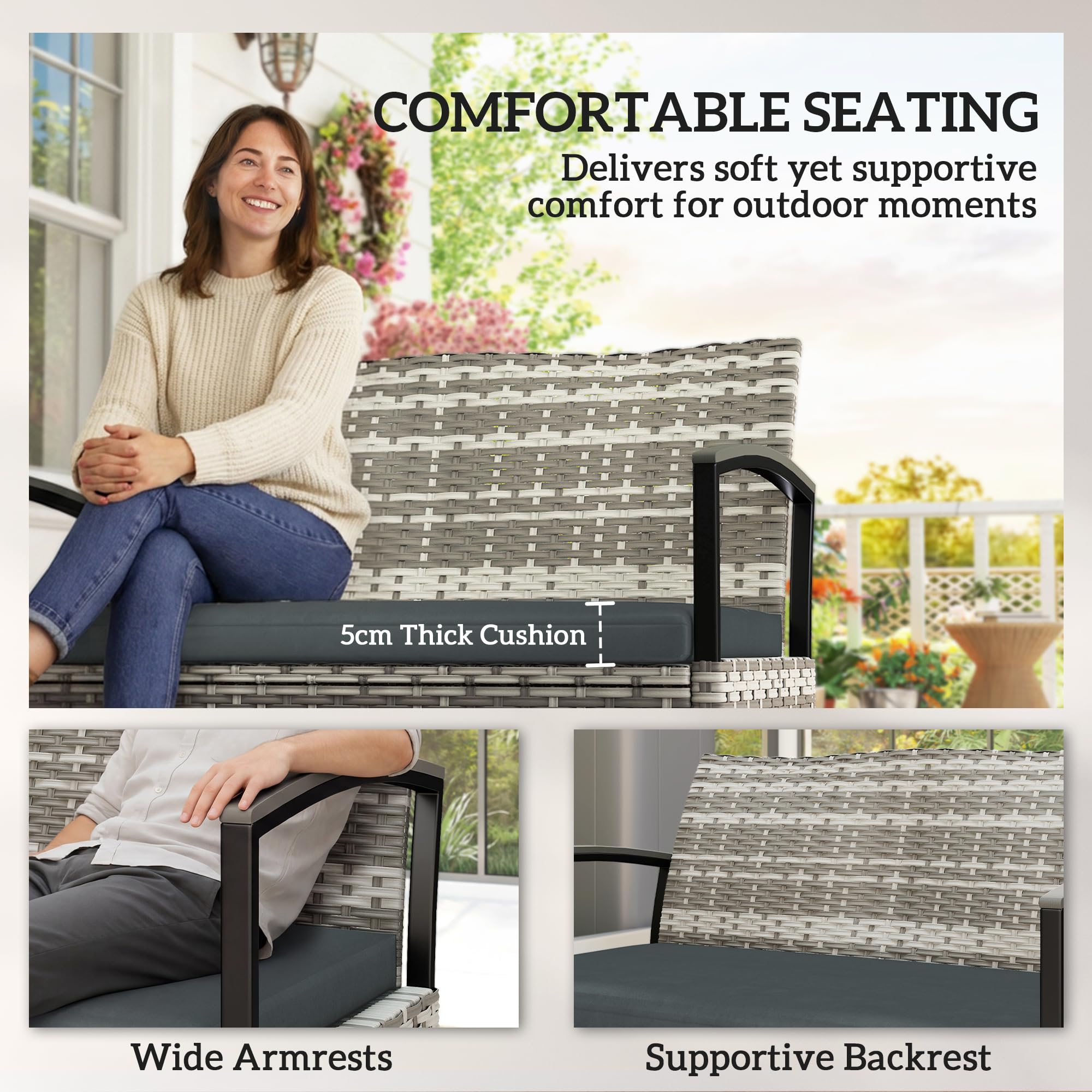 Outsunny 125L Banc Jardin Rangement 2P Rotin PE Cadre Métal Gris Foncé