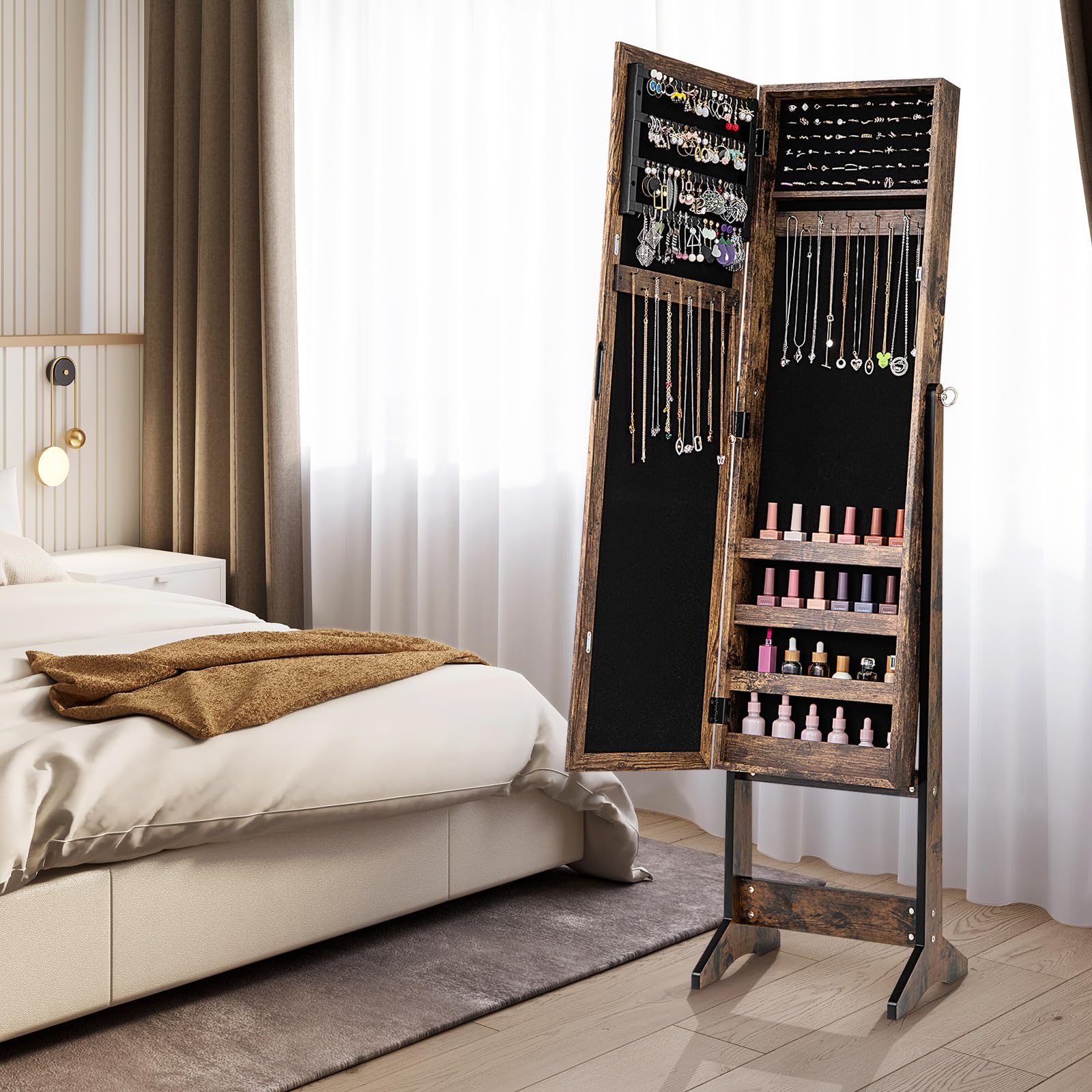 COSTWAY Schmuckschrank neigungsverstellbar, Schmuckregal mit Ganzkörperspiegel, Schmuck Spiegelschrank mit 64 Ohrringschlitzen, 20 Halskettenhaken, 72 Ringschlitzen, 4 Ablagen (Braun)