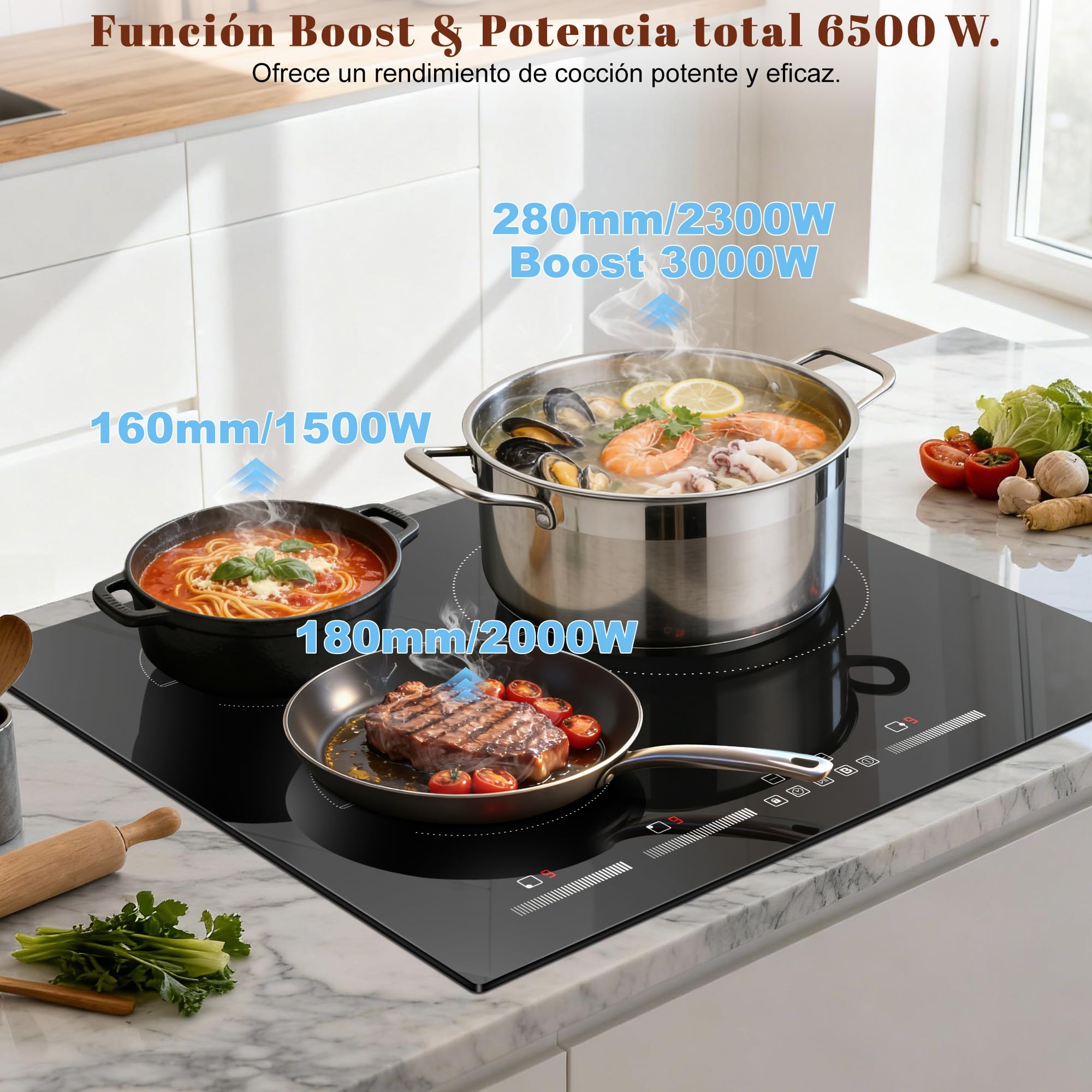 Placa de Inducción 3 Fuegos, Cocina de Inducción Empotrable, 60 cm, 6500W | Control Táctil, Seguridad Infantil, Potenciador, 9 Niveles de Calor, Temporizador
