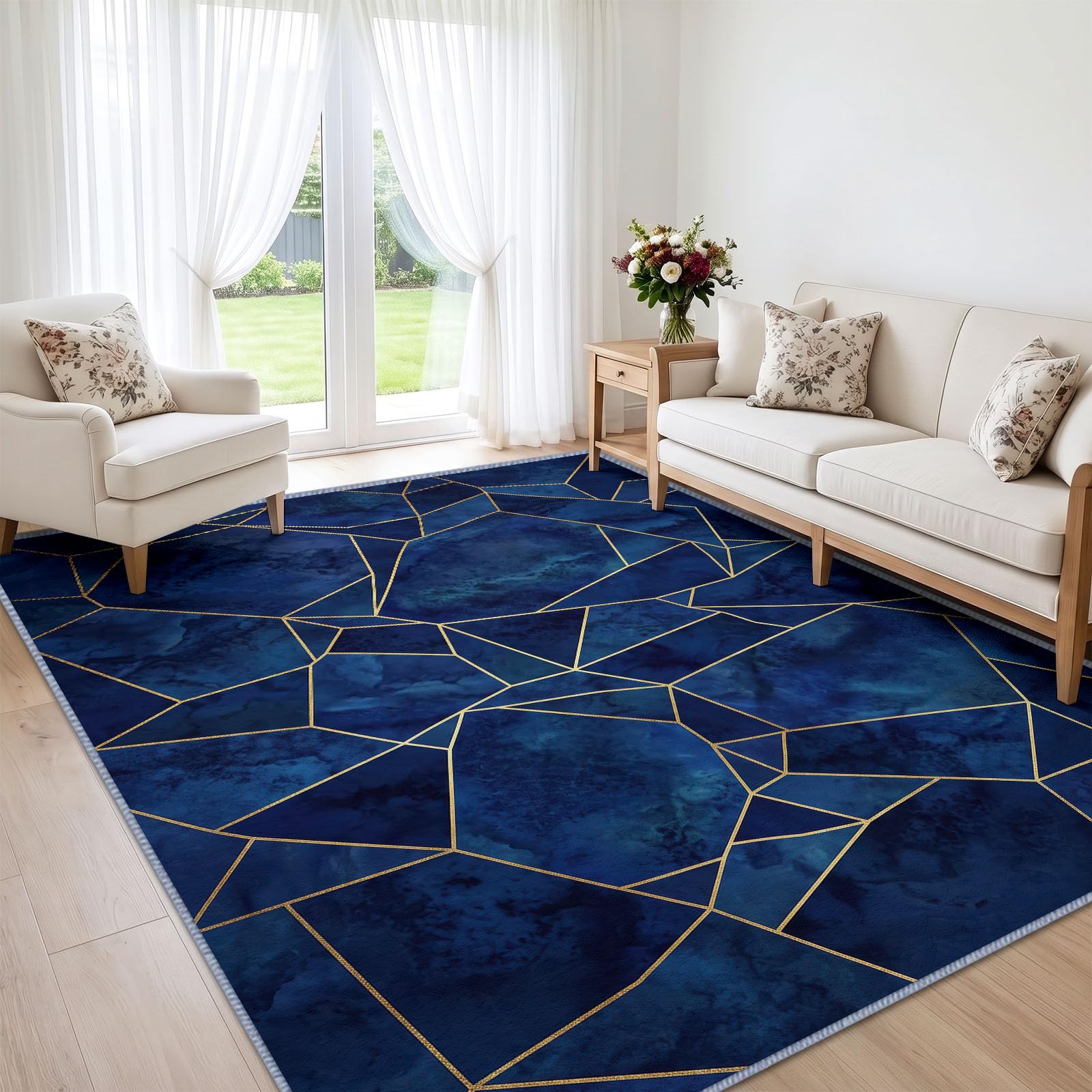 Style Marbre Tapis Salon 80x150cm, Lavable en Machine Antidérapant Grand Lignes Dorées Polygone Géométrique Bleu, Tapis Doux à Poil Ras pour Bureau, Chambre, Salle à Manger