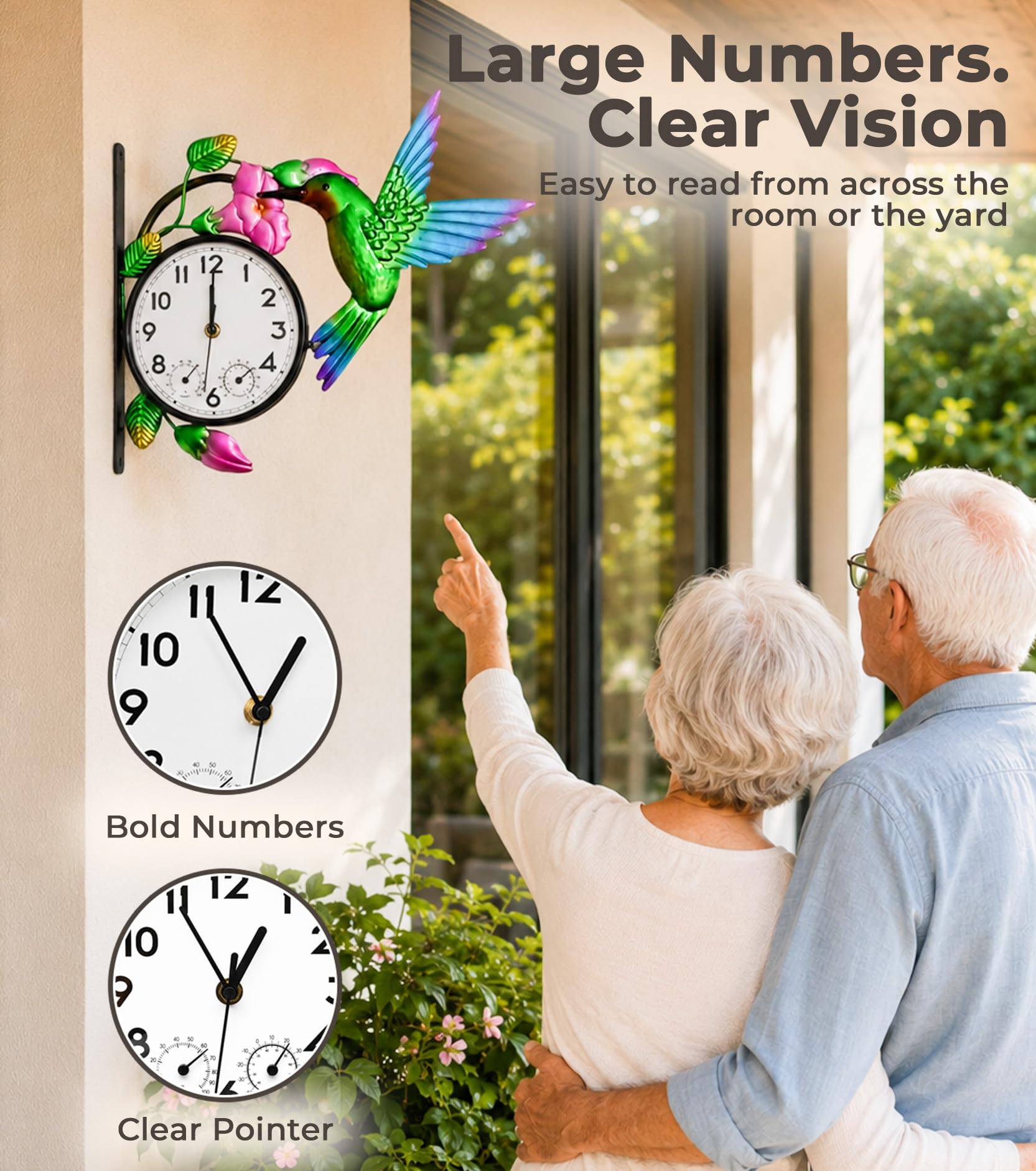 Orologio da esterno con termometro e igrometro Combo | Orologio da parete silenzioso senza ticchettio per patio, impermeabile, decorativo per soggiorno, gloria mattutina e colibrì