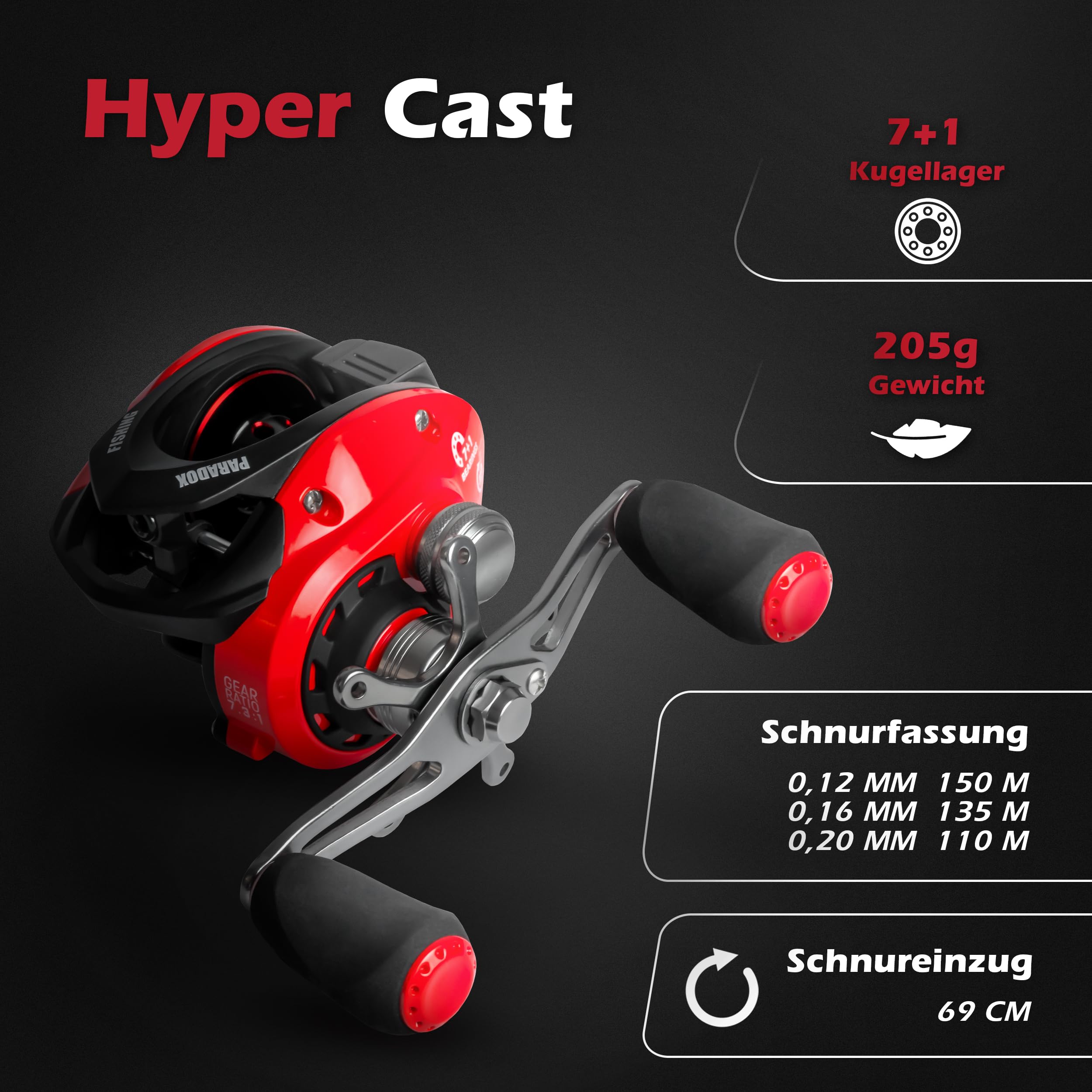 Paradox Fishing Hyper Cast 0,12mm/150m 0,16mm/135m 0,20/110m Baitcast Rolle - 32 stufige Magnetbremse - 7+1 Kugellager