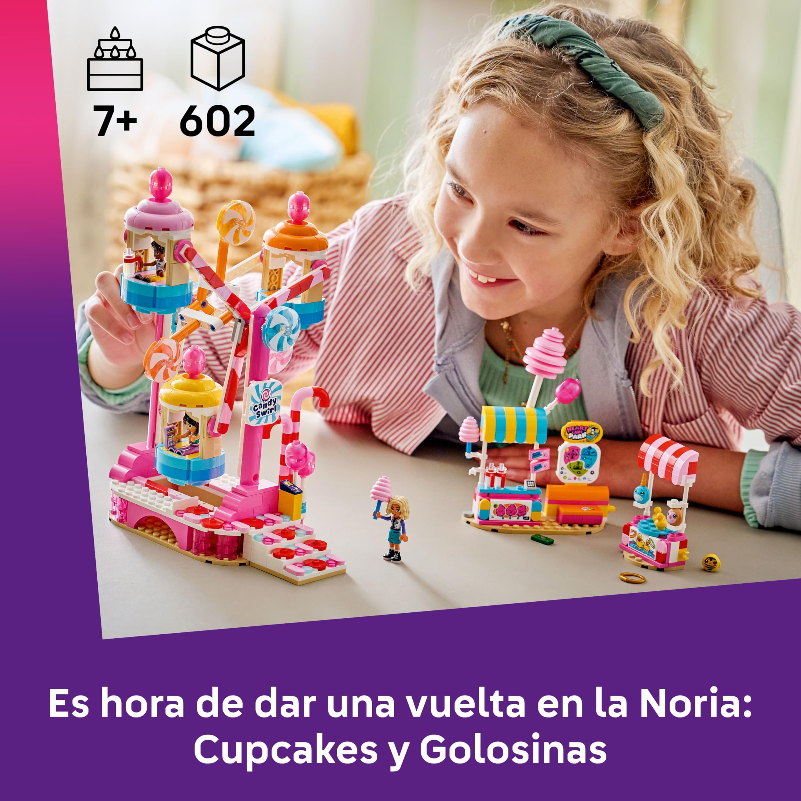 LEGO Friends Noria: Cupcakes y Golosinas – Juguete Interactivo con Juegos de Feria, Atracciones, 3 Mini Muñecos y Accesorios – Regalo de Cumpleaños para Niñas de 7+ Años – 42700