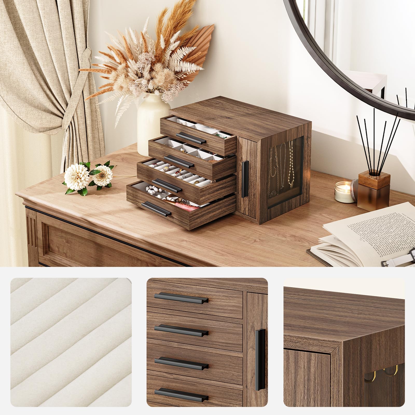 HOOBRO Caja Joyero, Organizador de Joyas de 4 Niveles de Madera con Ventana Transparente, Caja de Joyas para Pendientes, Collares, Anillos, Nogal y Negro EBH09JB04