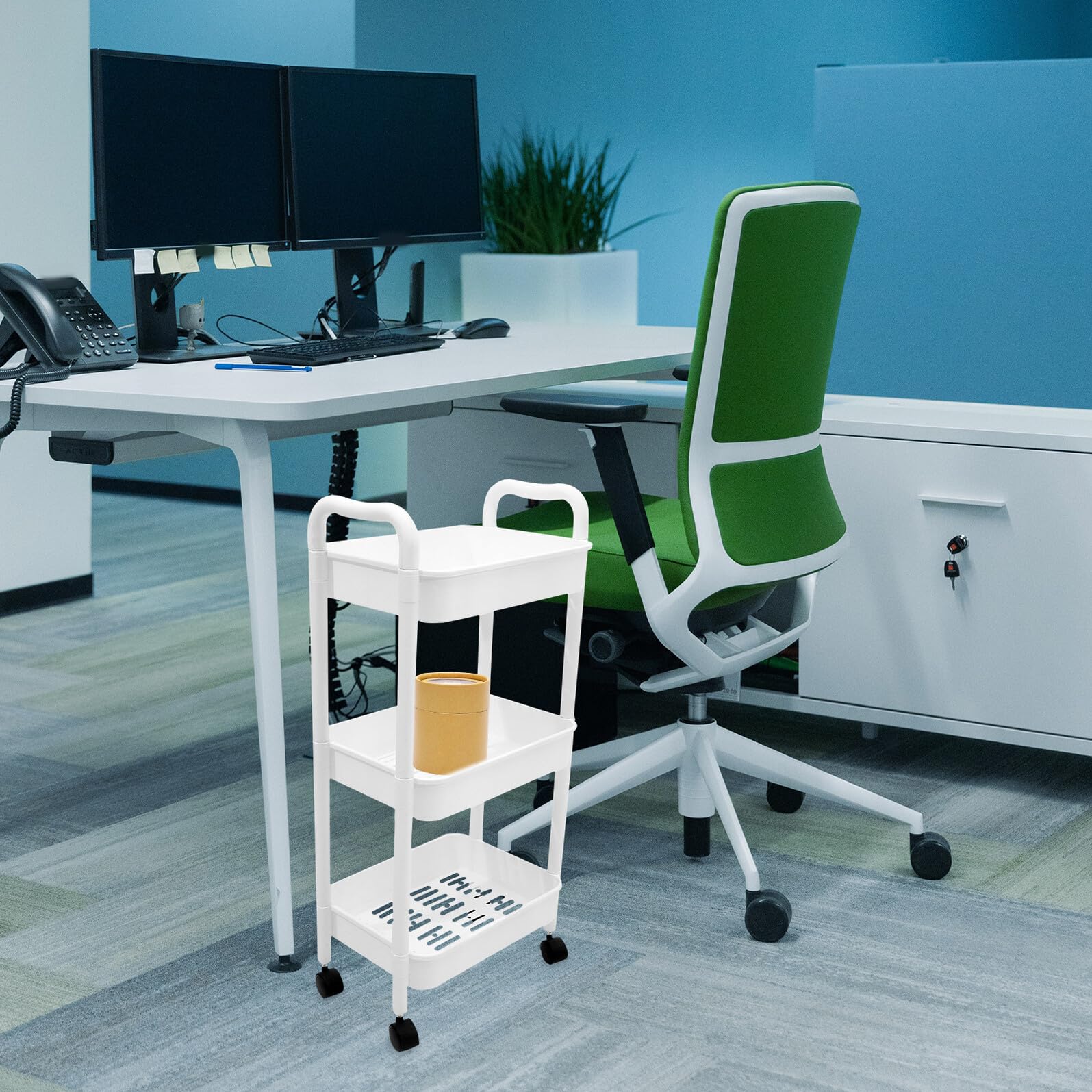 Toyvian Scaffale Multiuso con Ruote Bianco, Carrello Portatile in Pp a 3 Livelli, Design Stretto per Bagno o Ufficio, Robusto e Facile da Spostare