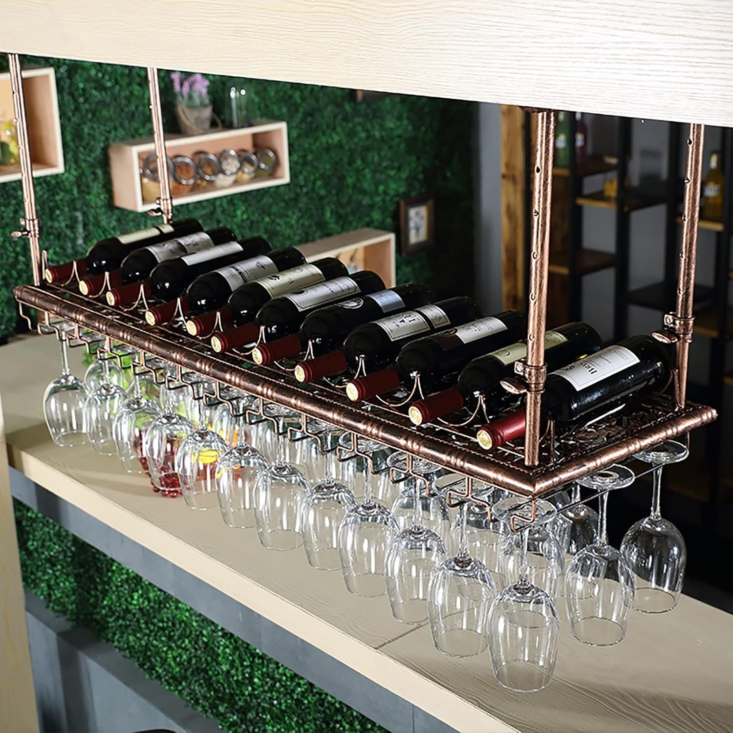 Ceiling Mounted Wine Rack with Glass Holder Bronze Wine Bottle Organizer with Goblet Hooks Multi Functional Storage Shelf for Kitchen Bar Under Cabinet 60 * 35cm