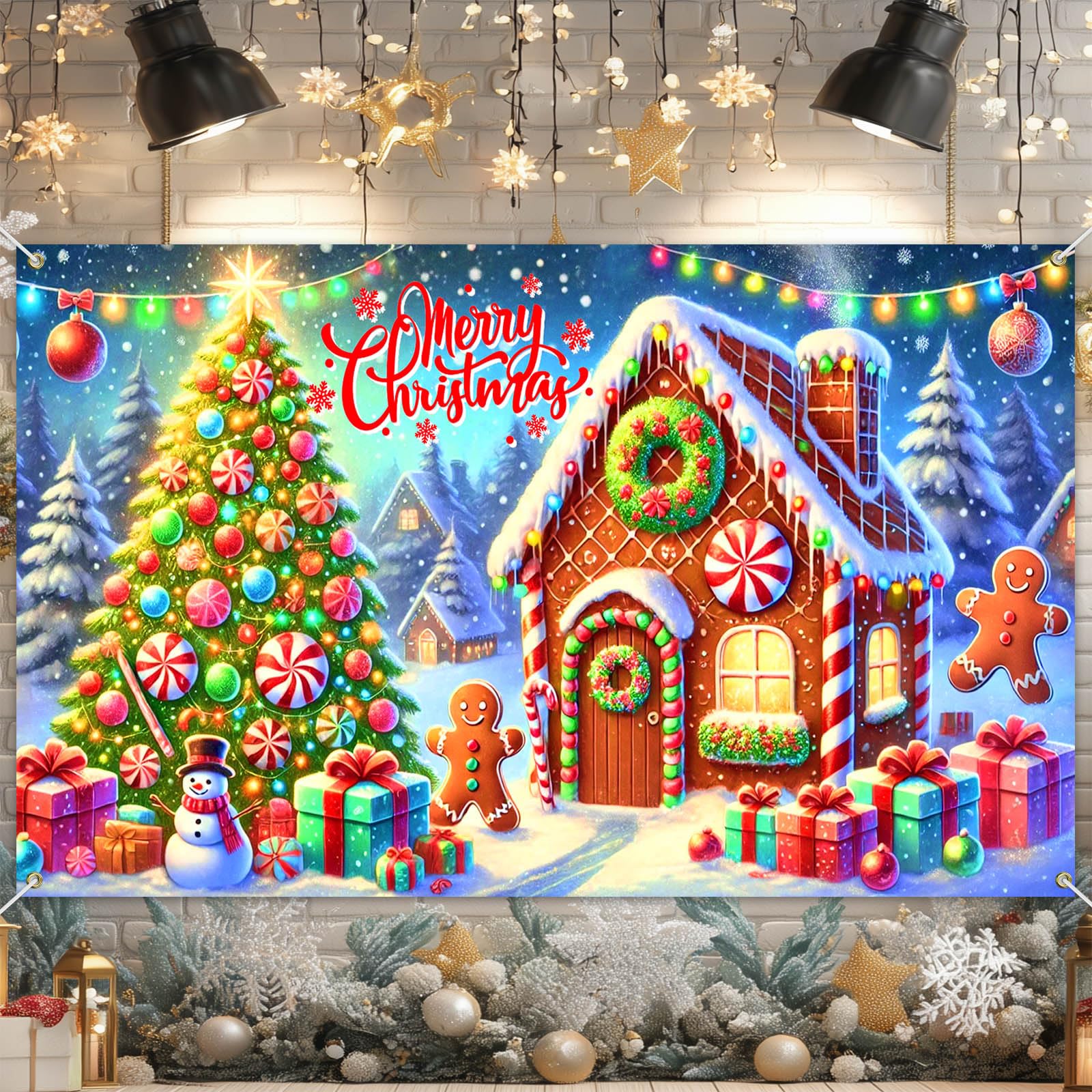 BlissYard Gingerbread Christmas Backdrop 71x43 Inches Snowman Tree Scene Banner Holiday Photography Background Indoor Outdoor Merry Christmas