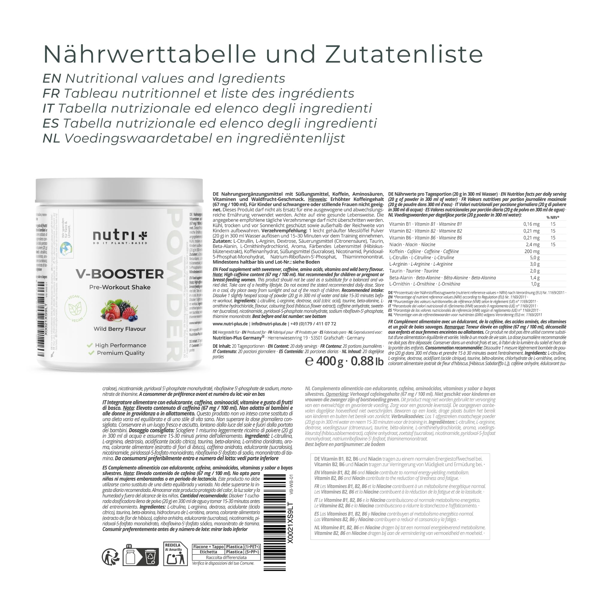 Nutri + Pre-Workout Booster Pump ohne Creatin - klumpenfrei, hochdosiert + vegan - Koffein Citrullin Arginin Beta-Alanin Taurin - Wild Berry 400 g