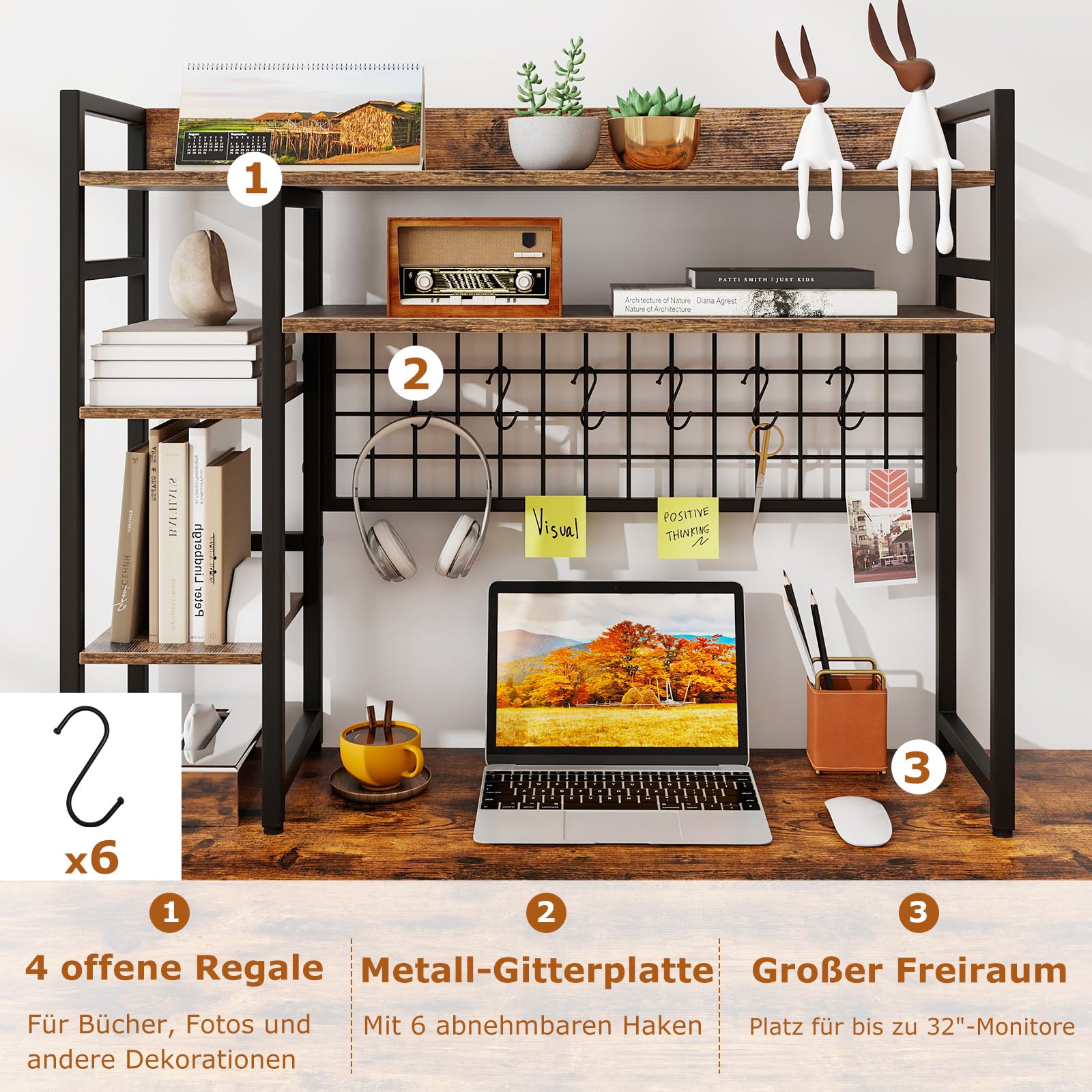 COSTWAY Regal do biurka, regał stołowy z 4 półkami i 6 haczykami, regał biurkowy na monitory, regał na książki na blat, organizer do przechowywania 94 x 25 x 74 cm (Brązowy)