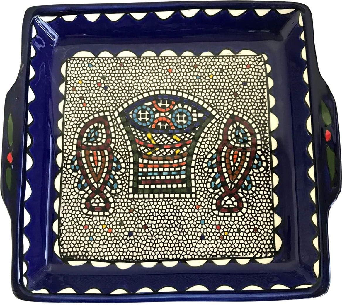 Holy Land Market Armenian Ceramic Loaves & Fish Miracle Square Bread Plate, 9.5 in, Hand Painted Holy Land Pottery